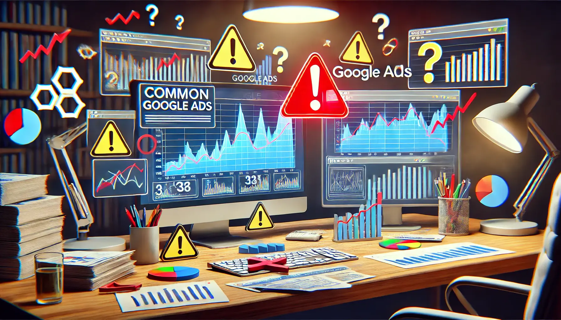 A workspace with cluttered screens displaying confusing analytics dashboards, representing common mistakes in interpreting Google Ads metrics.