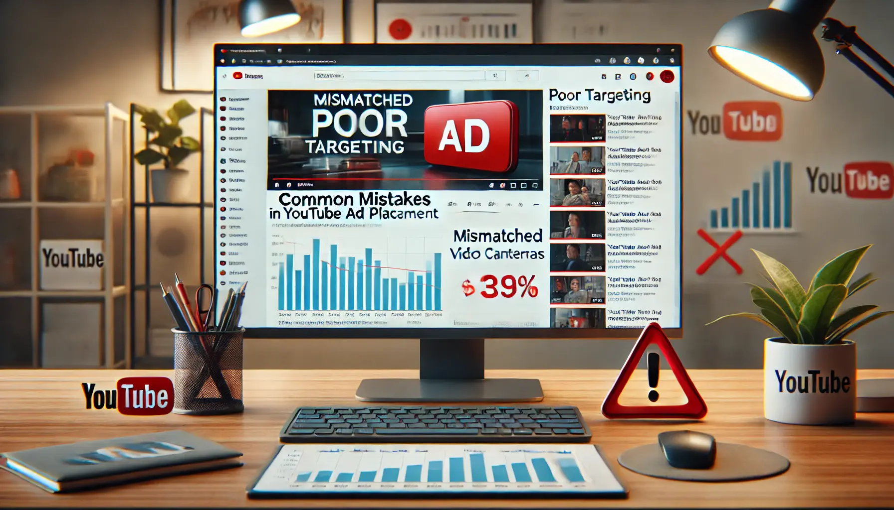 A YouTube interface displaying mismatched ad content with analytics showing declining metrics and a warning icon.