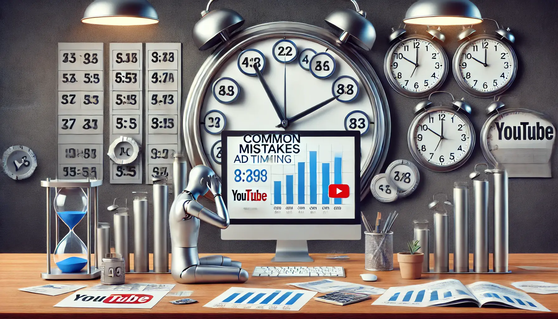 A digital marketing workspace with a computer screen showing poor ad performance metrics, and a clock with misaligned time slots representing common mistakes in YouTube ad timing.