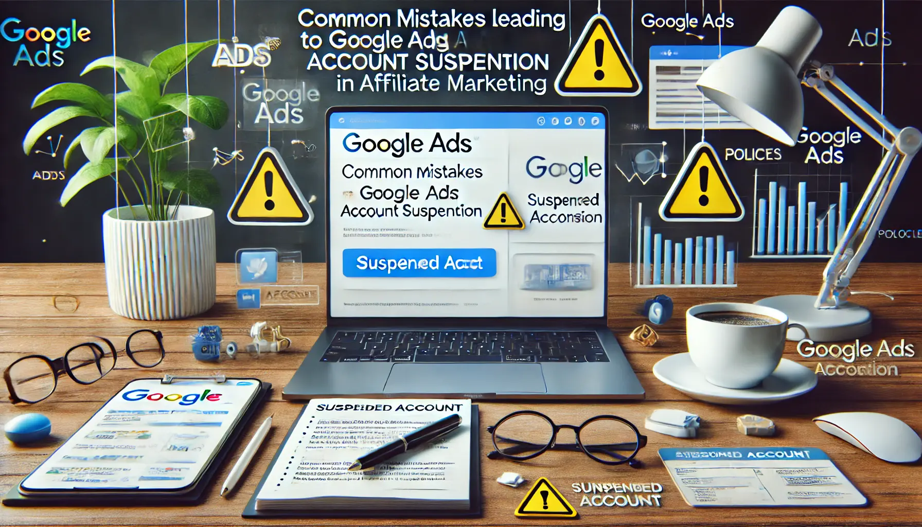 A modern workspace with a laptop displaying Google Ads interface showing warning messages and suspended account notifications.