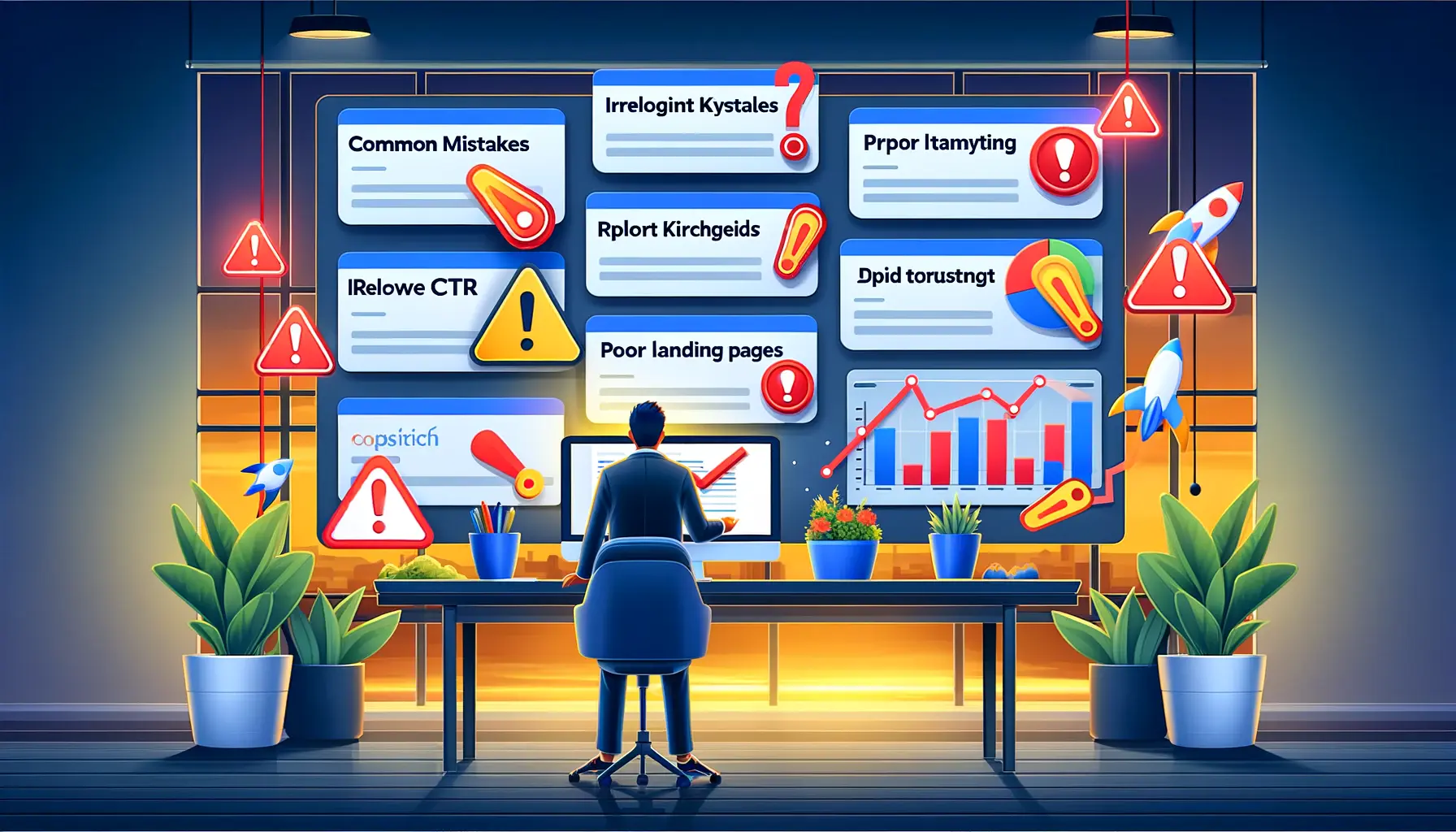 A digital marketer analyzing common mistakes that lower CTR on a dashboard, with error indicators and warning symbols.