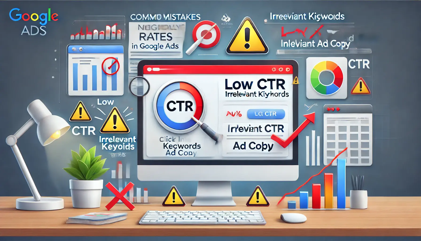 An illustration showing common mistakes in Google Ads that negatively affect CTR, including poor performance metrics, irrelevant keywords, and ineffective ad copy.