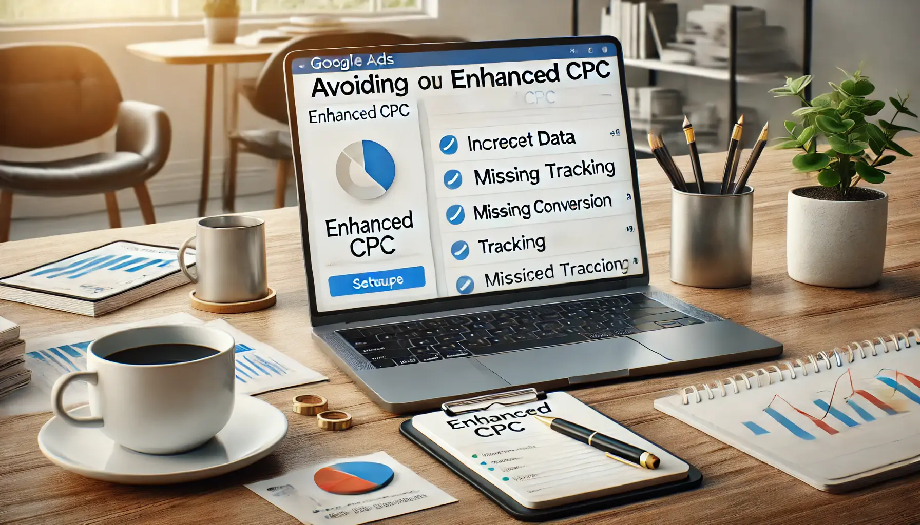 A digital marketing workspace showing a laptop with the Google Ads setup page highlighting potential issues, surrounded by a tablet, coffee cup, and notepad.