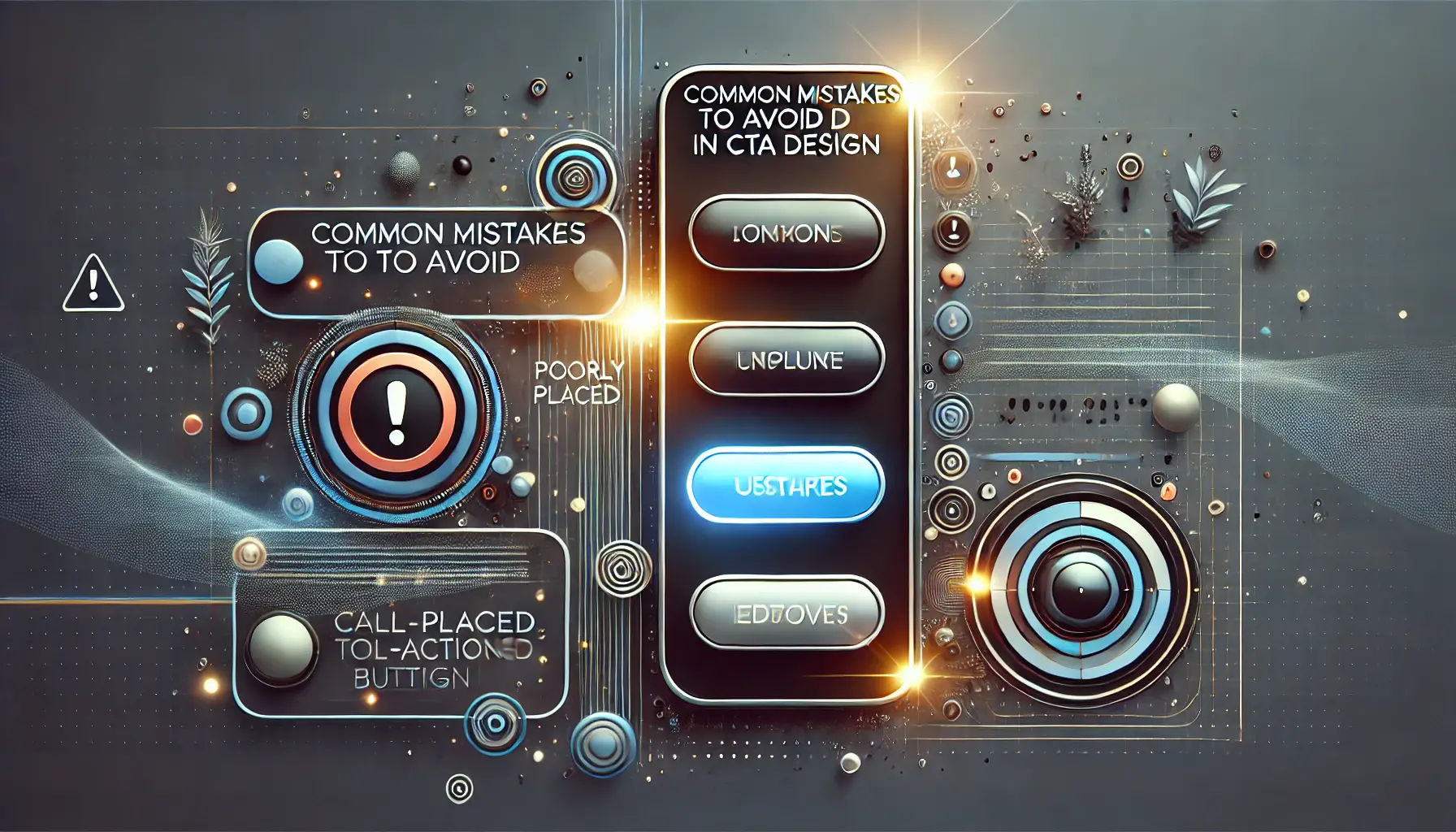 An image showing poorly placed, unclear call-to-action buttons blending into the background contrasted with a glowing, well-placed button, emphasizing mistakes to avoid.