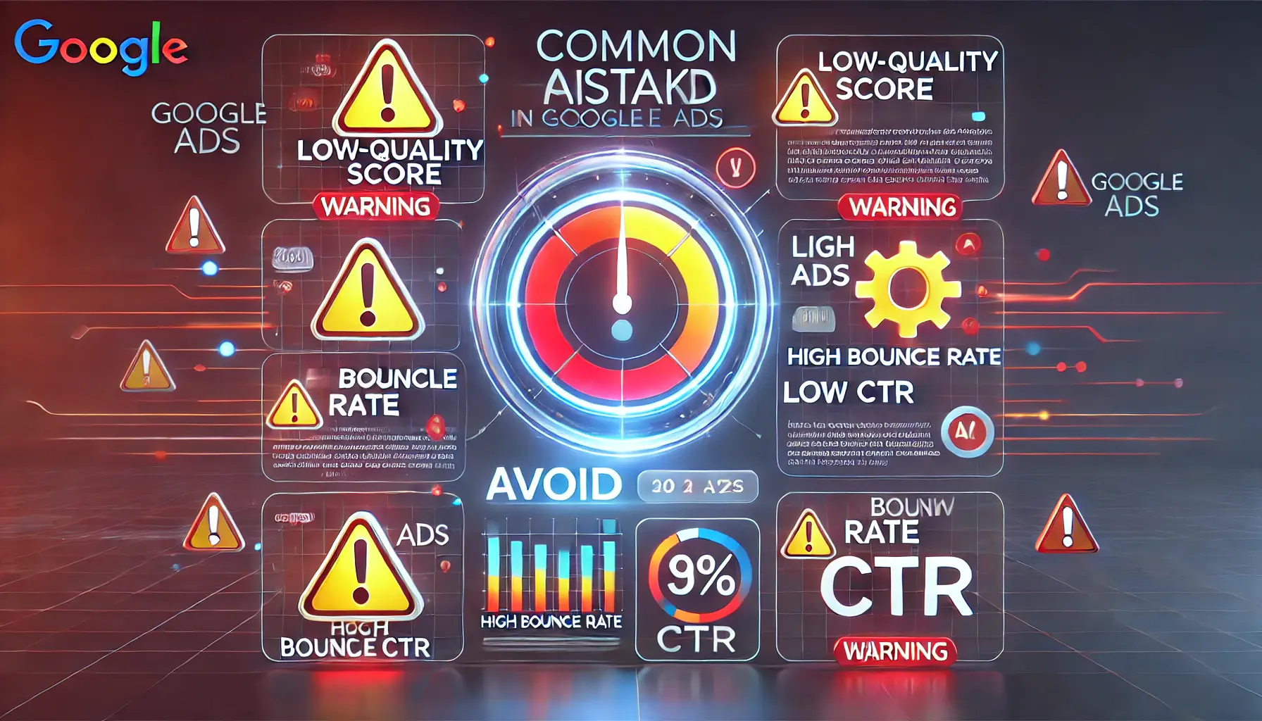 An illustration representing common mistakes in Google Ads optimization, featuring a digital dashboard with errors like low-quality score and high bounce rate, with warning symbols.