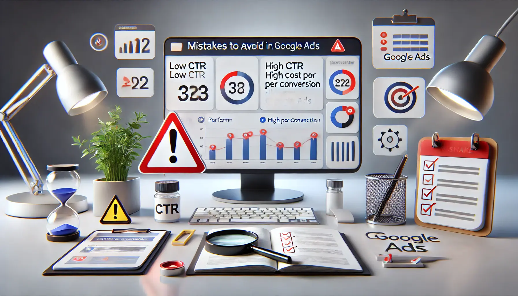 A digital interface showing warning icons and poor performance metrics like low CTR, with a checklist and magnifying glass for identifying mistakes.