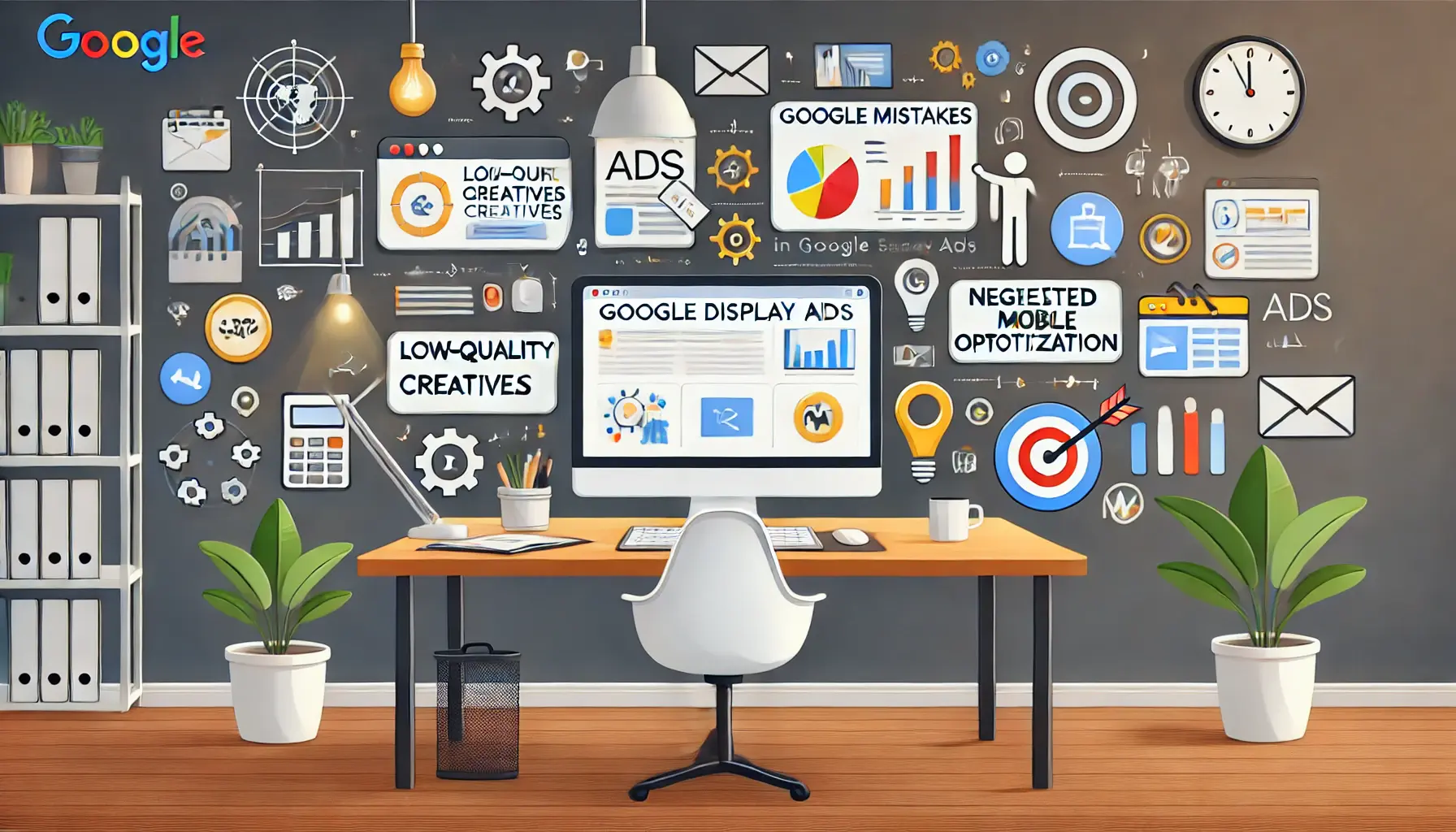 A professional workspace with a computer screen displaying common mistakes in Google Display Ads, such as low-quality creatives, improper targeting, and mobile optimization issues, surrounded by relevant icons.