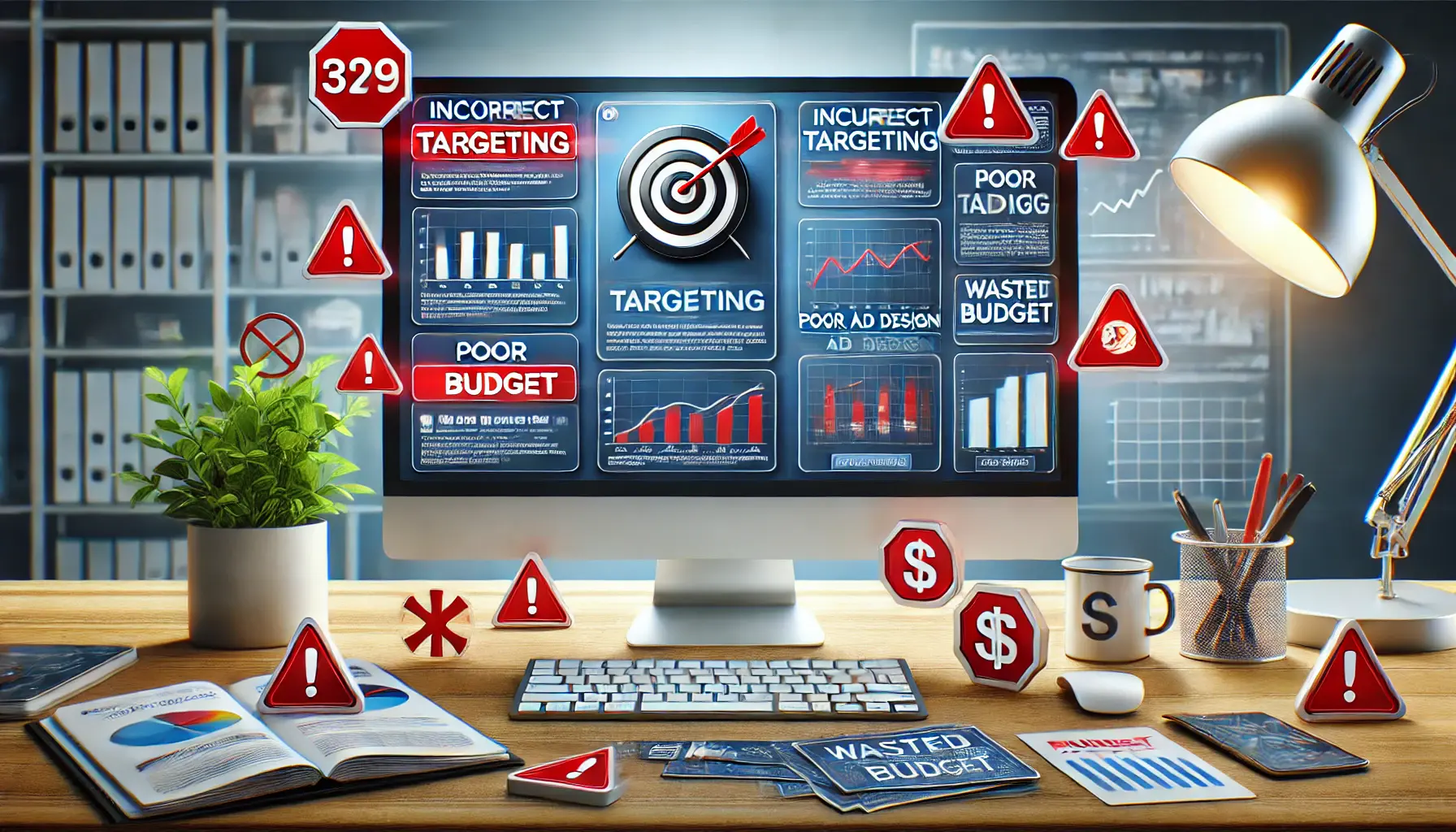 Illustration of a computer screen displaying an ad campaign dashboard with red warning signs like incorrect targeting, poor ad design, and wasted budget symbols.