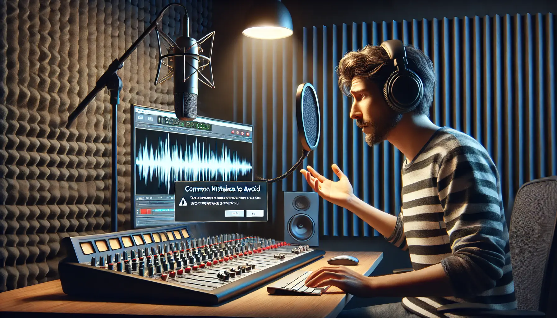 A voiceover artist in a recording booth encountering technical difficulties with a misaligned microphone and imperfect soundproofing.