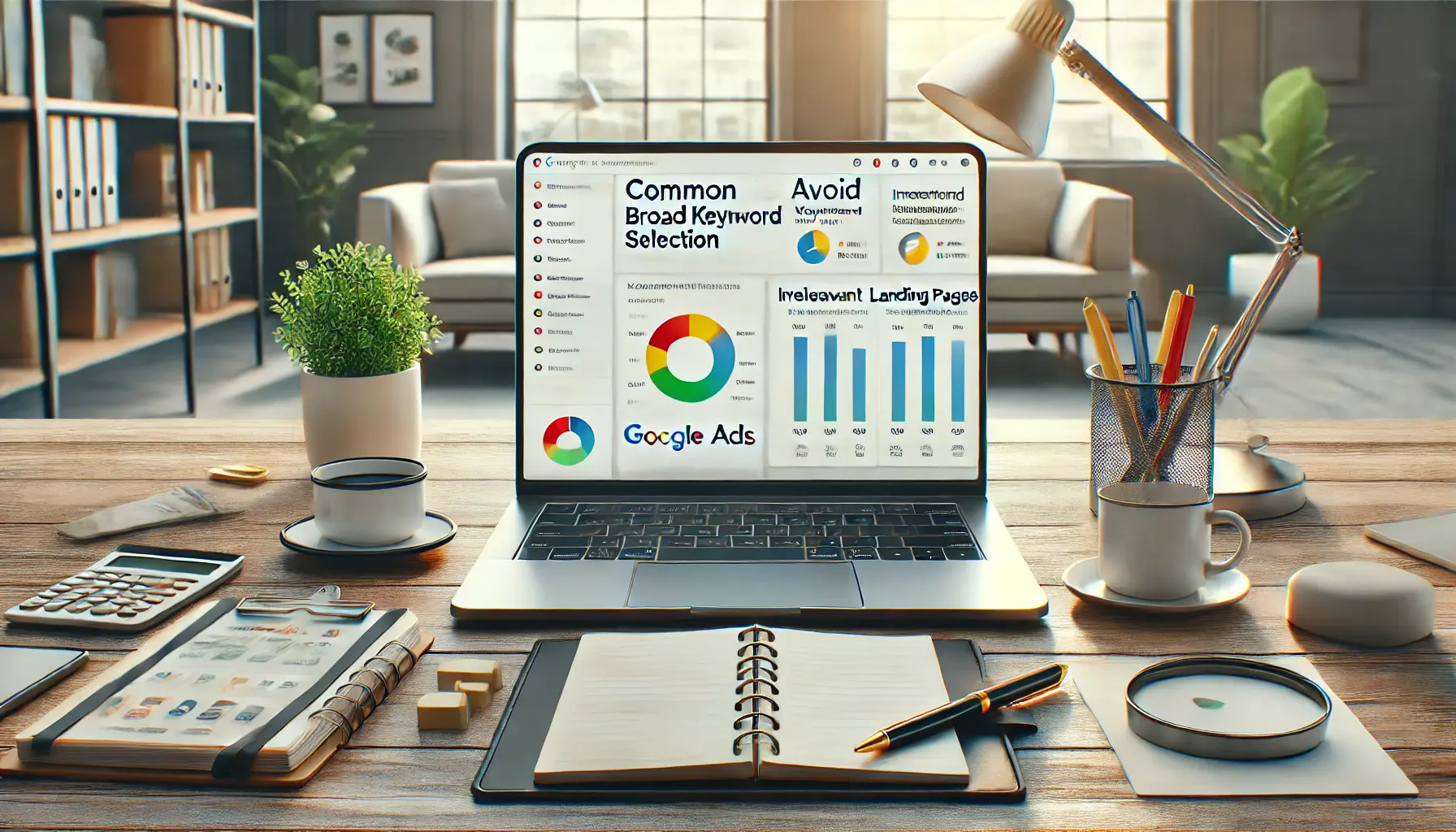 A modern office workspace with a laptop displaying a Google Ads campaign dashboard, highlighting common mistakes like broad keyword selection and irrelevant landing pages, surrounded by a notepad, coffee cup, and pen.