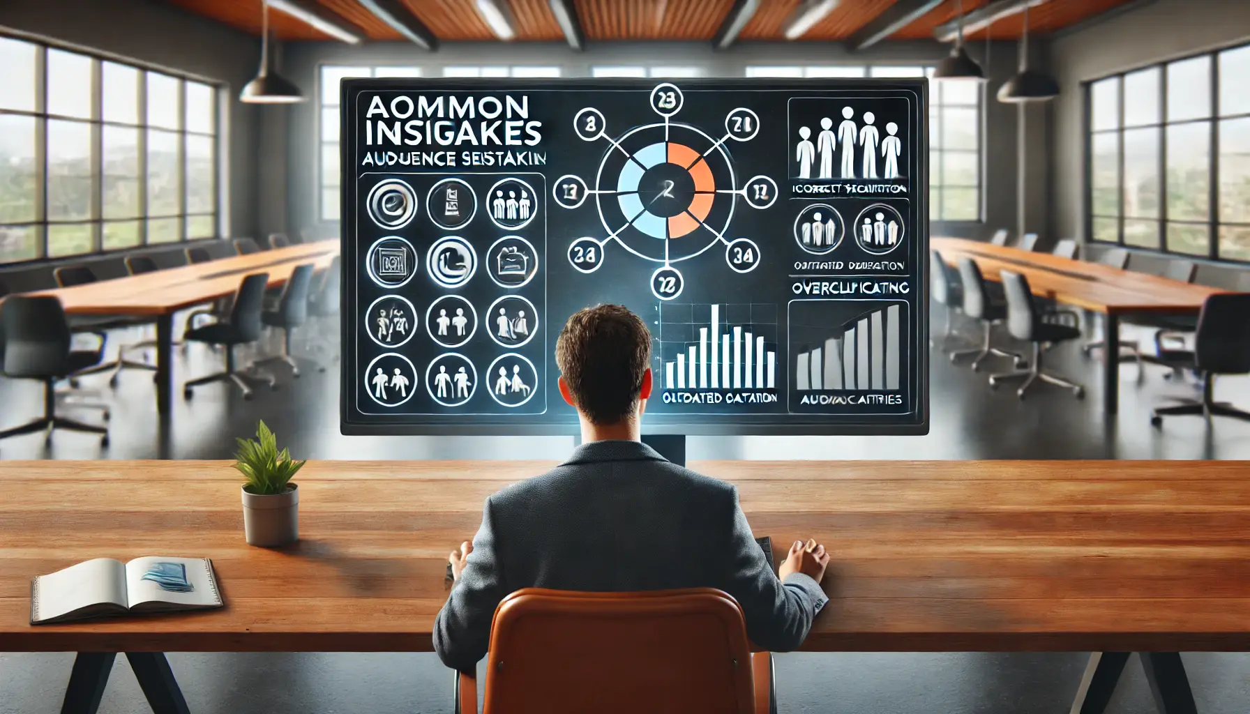 A digital marketer reviewing audience insights on a computer screen, with visual cues representing common mistakes like incorrect segmentation and outdated data in a modern office setting.