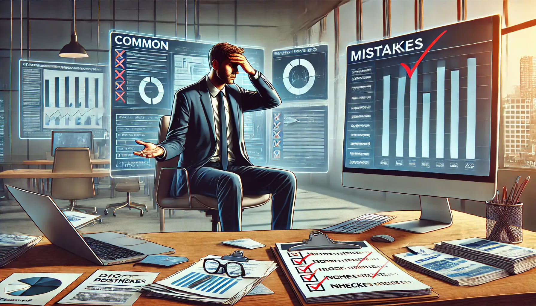 A professional looking frustrated in a modern office while reviewing unclear reports and disorganized notes, symbolizing common mistakes in collaborations.