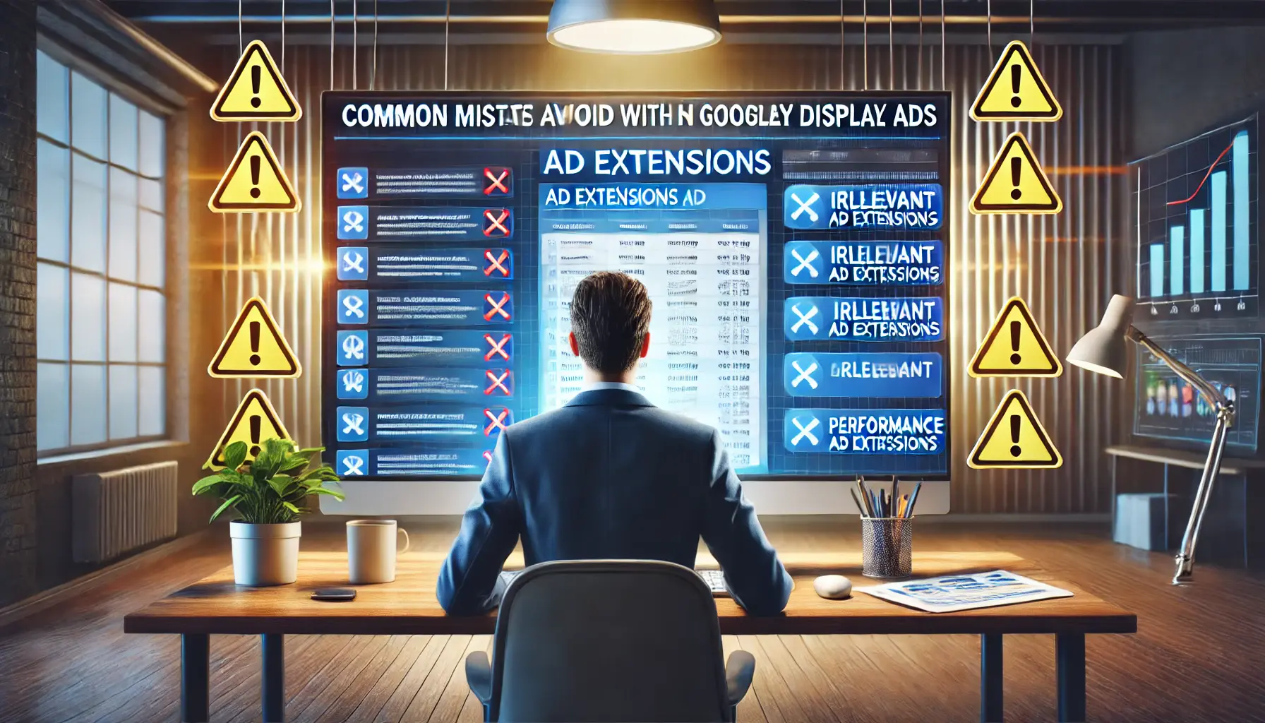 A digital marketing professional facing a computer screen showing a Google Display Ad campaign with performance issues and cautionary symbols.