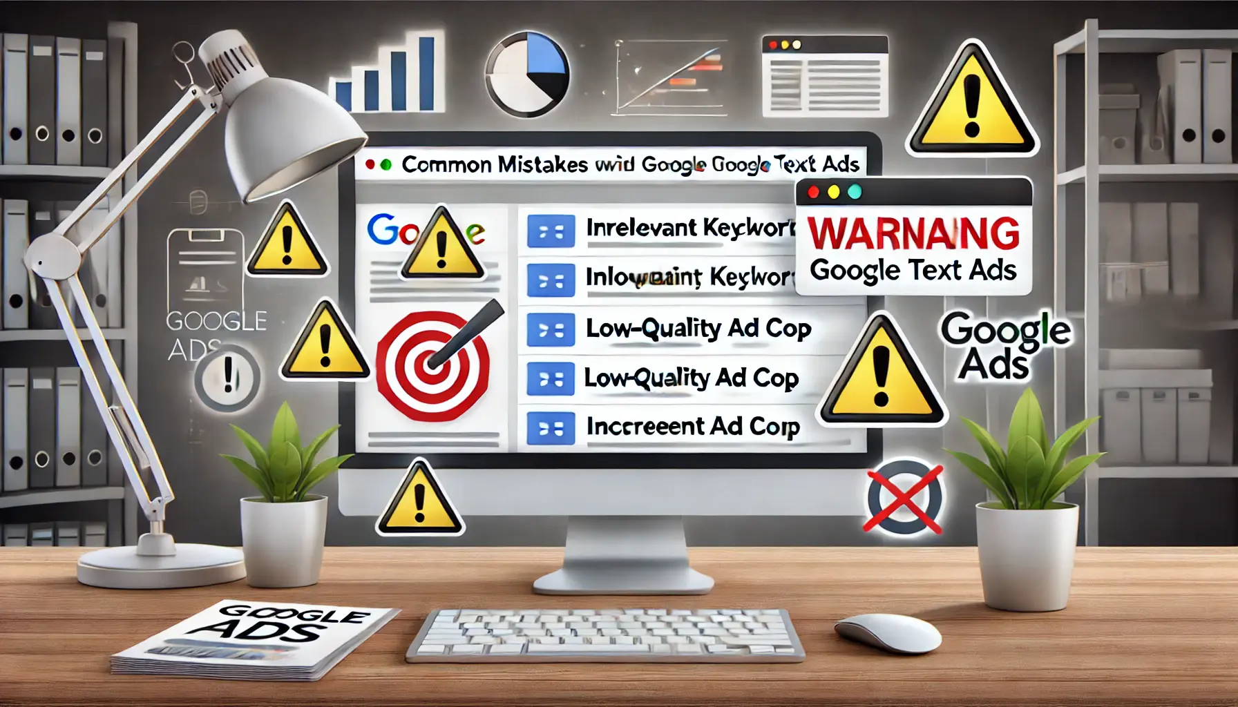 A computer screen displaying a Google Ads campaign with visible mistakes like irrelevant keywords and low-quality ad copy, surrounded by warning icons like exclamation marks and broken links.