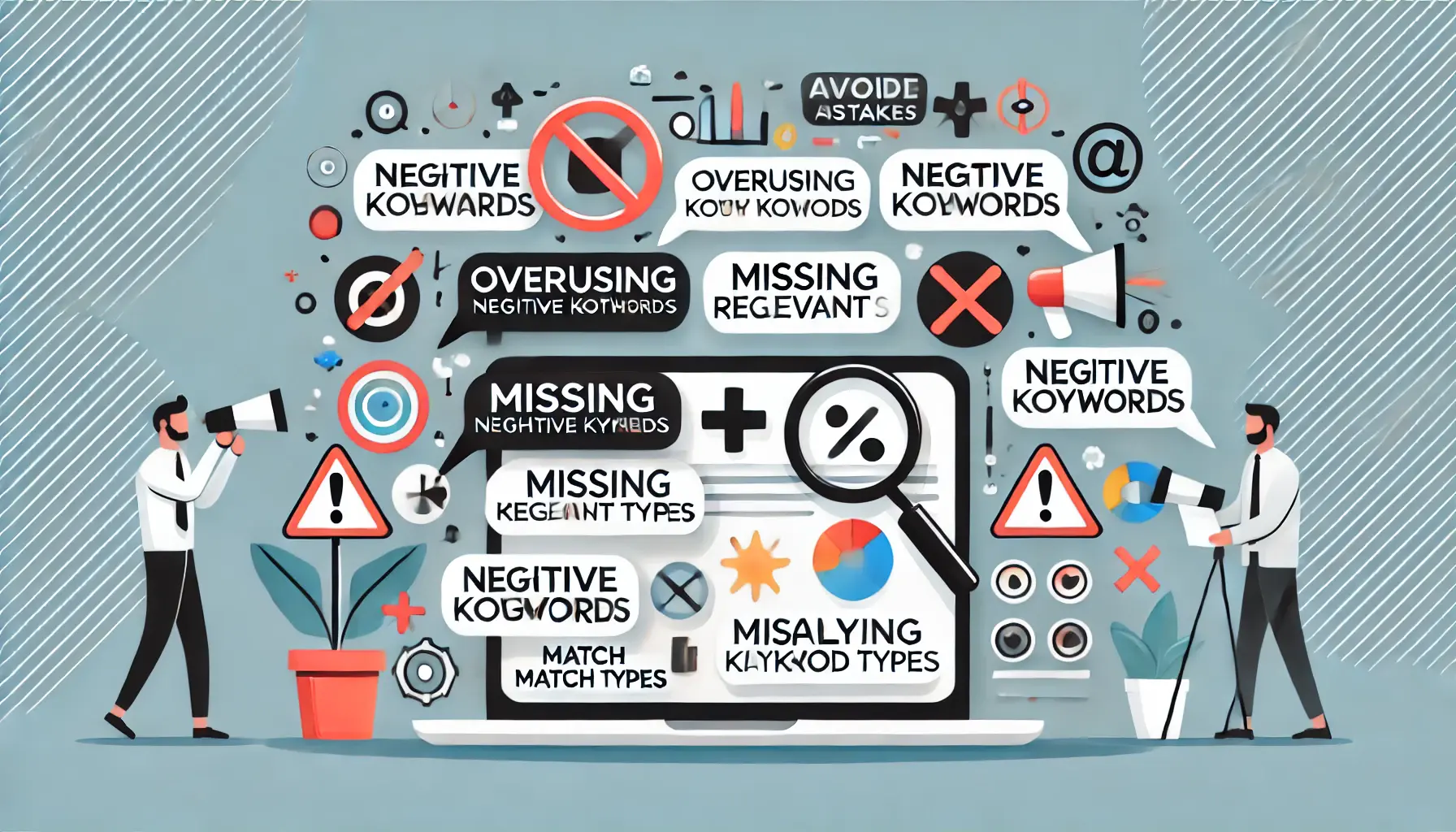 Abstract representation of common mistakes with negative keywords, featuring crossed-out icons, warning symbols, and cluttered keyword lists.