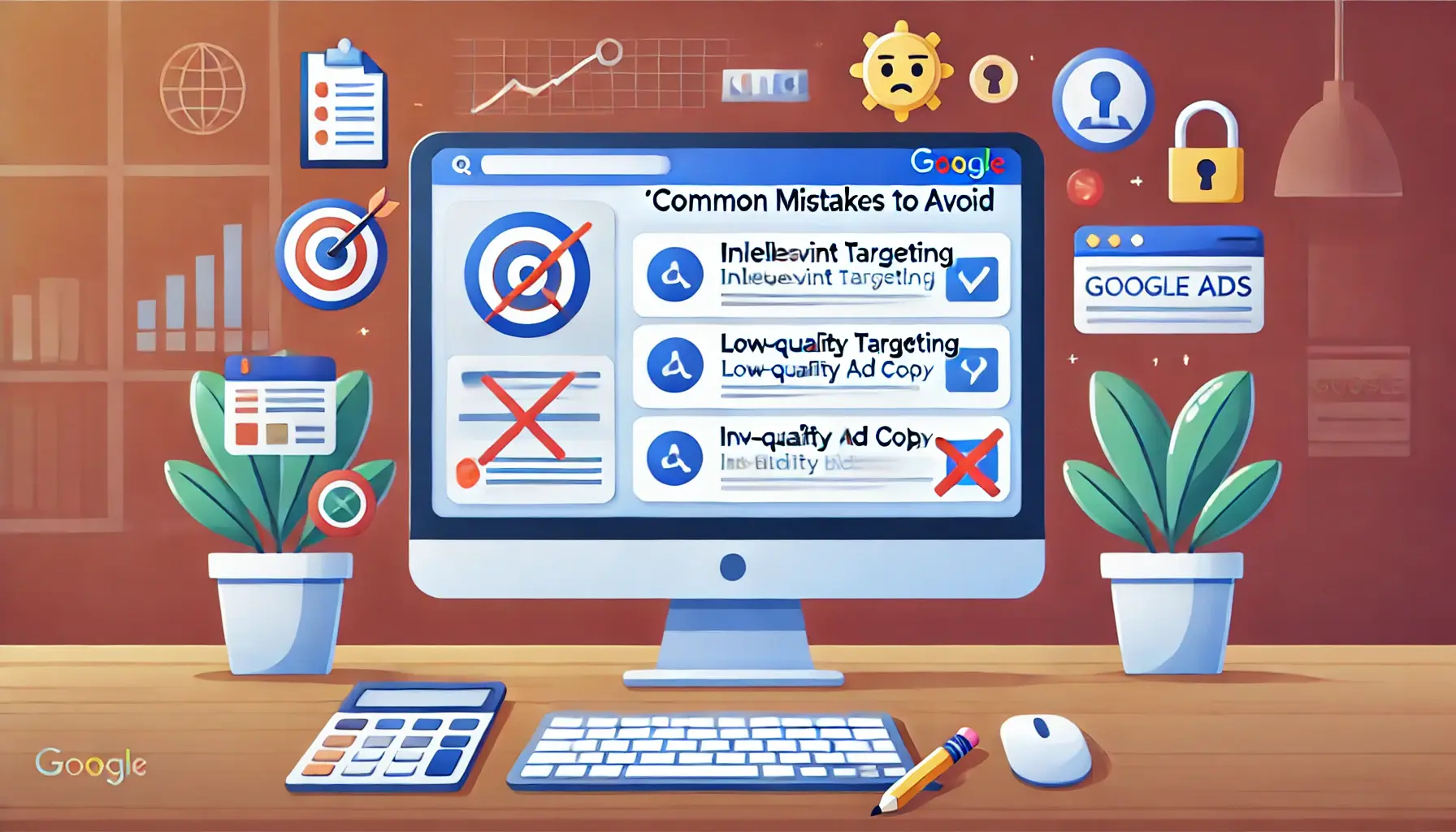 A computer screen displaying a Google Ads campaign with common mistakes like irrelevant targeting and low-quality ad copy, surrounded by symbols of errors like a crossed-out target and a broken pencil.