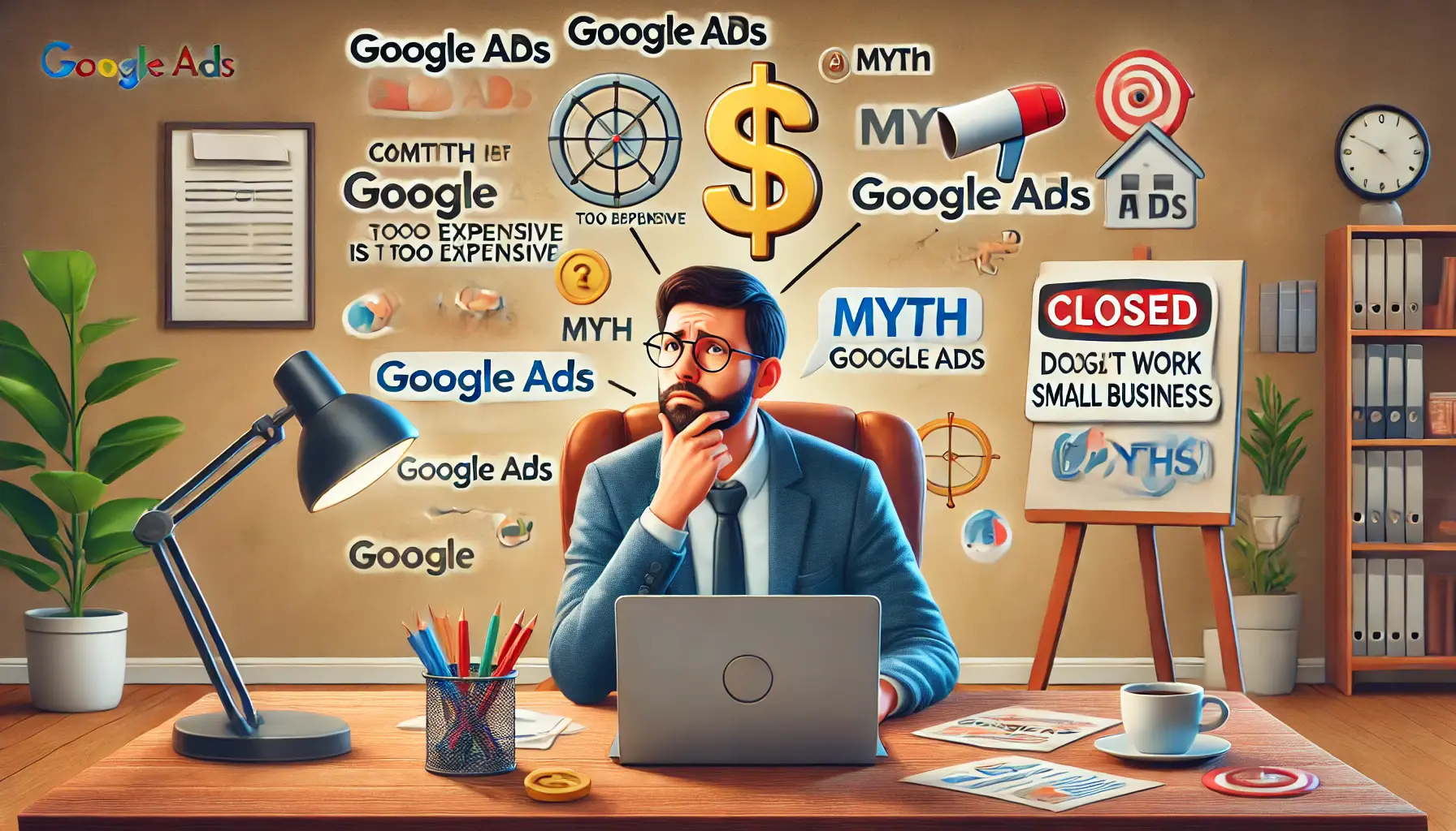 A small business owner surrounded by symbols of common misconceptions about Google Ads, like a dollar sign, a complex diagram, and a closed sign.