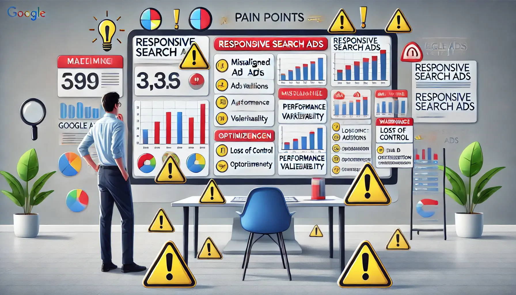 A digital marketer reviewing a dashboard filled with confusing data and misaligned ad variations, surrounded by warning symbols indicating pain points in the migration process.