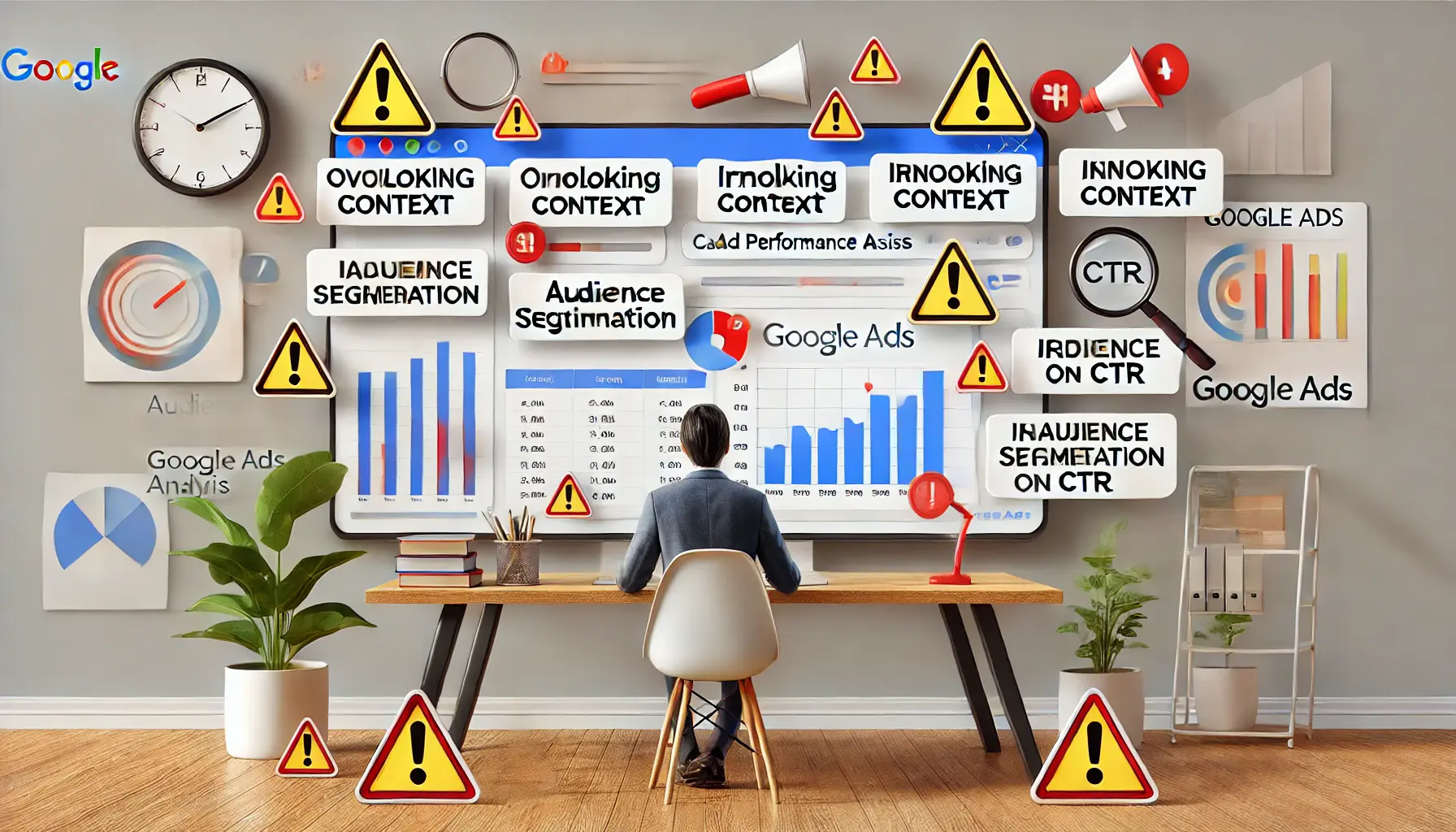 A marketer analyzing a cluttered dashboard with misleading data, surrounded by warning symbols for common performance analysis mistakes.