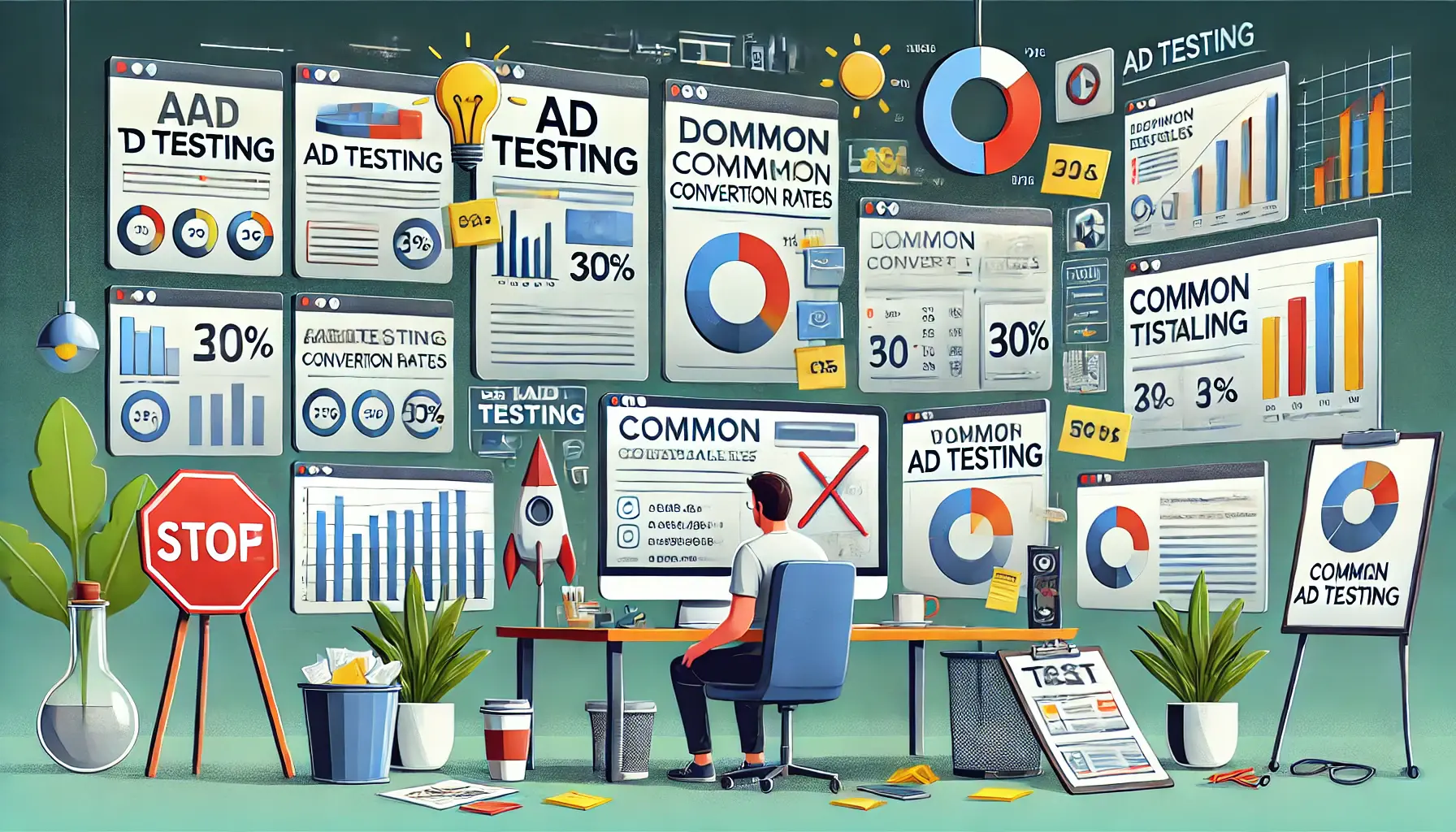 A digital marketer facing challenges with mismatched test data and performance metrics, reflecting common pitfalls in ad testing.