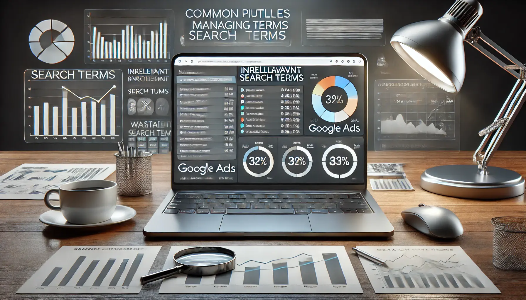 A digital marketing workspace showing a laptop with Google Ads displaying performance issues like irrelevant search terms and wasted ad spend, surrounded by charts and graphs.