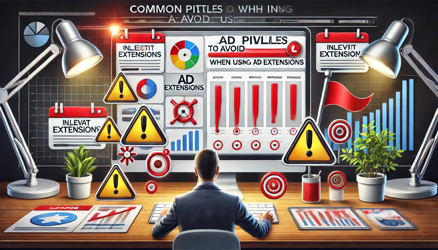 A digital marketing professional reviewing a campaign on a computer screen, with red flags and warning icons indicating mistakes with ad extensions.