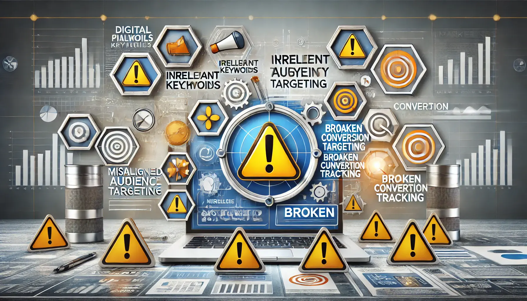 Abstract image showing a digital interface with warning signs, exclamation marks, and symbols representing mistakes like misaligned targeting and broken tracking.