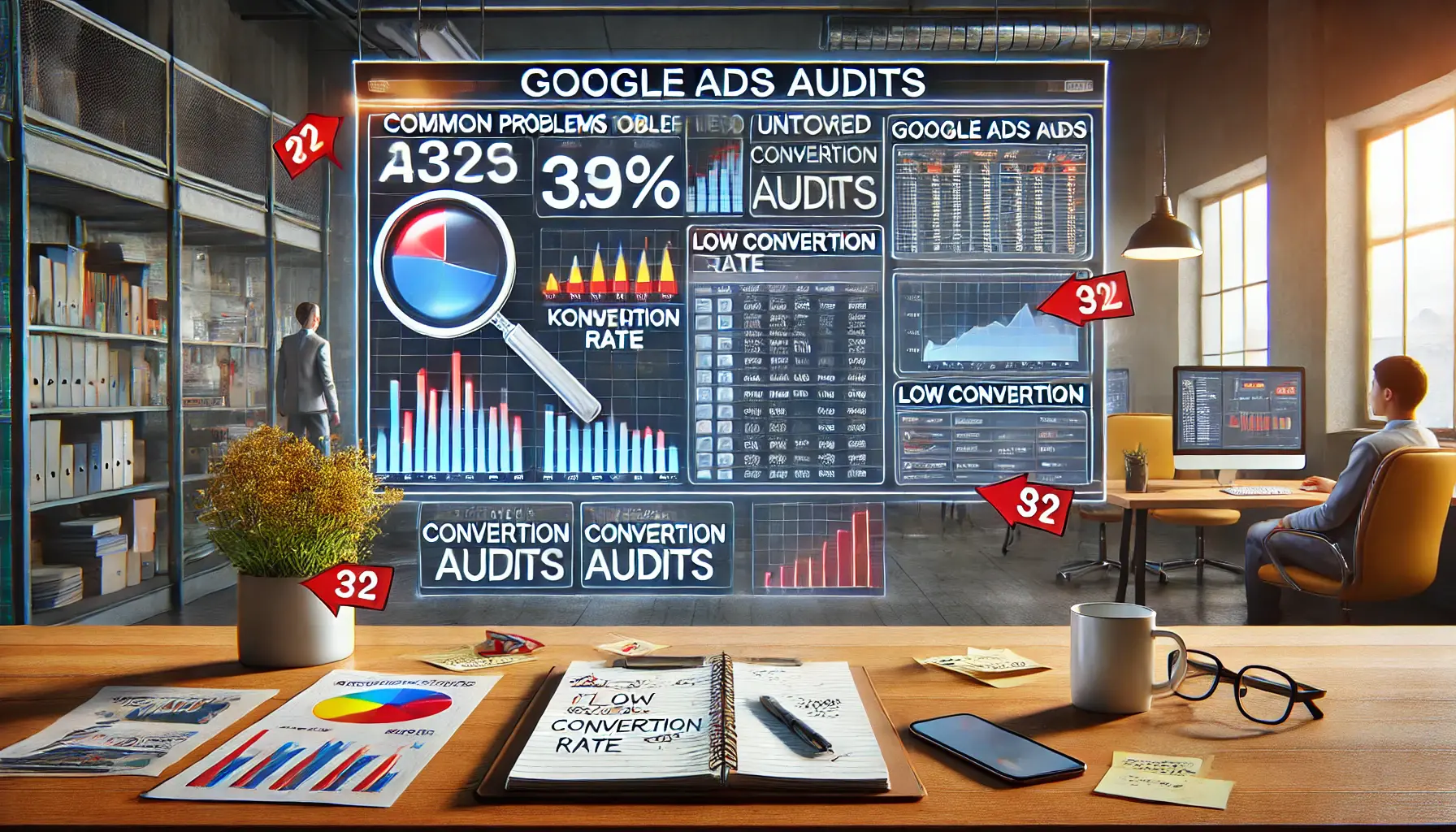 A digital marketer analyzing a cluttered analytics dashboard with low conversion rates and inefficiencies, symbolizing issues found during Google Ads audits.