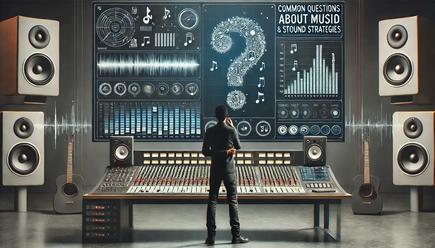 Image of a sound engineer in front of a digital display with audio waveforms and sound elements, representing common questions about music and sound strategies.