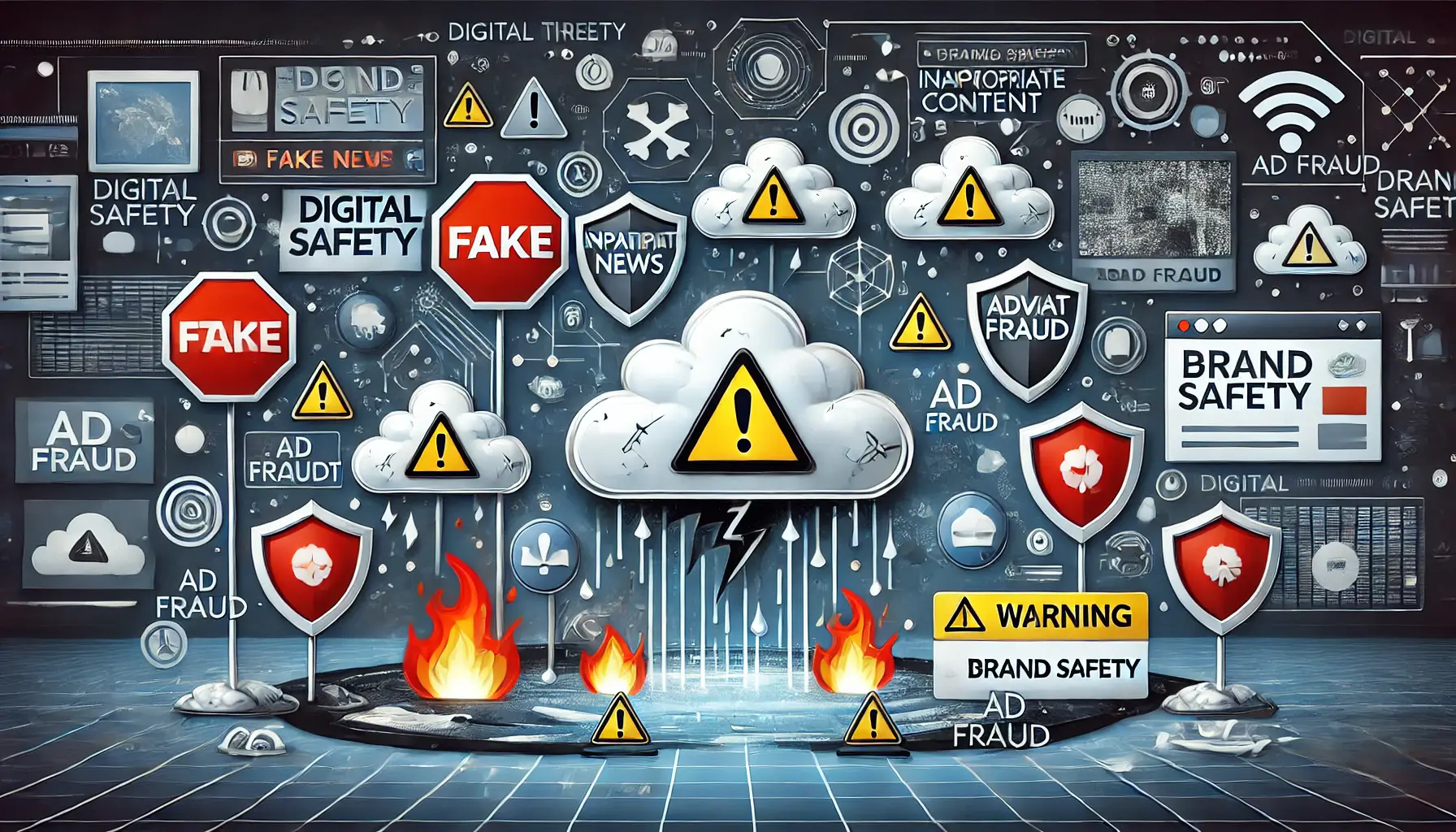 An image depicting common threats to brand safety in digital advertising, with visual representations of fake news, inappropriate content, and ad fraud in a digital environment.