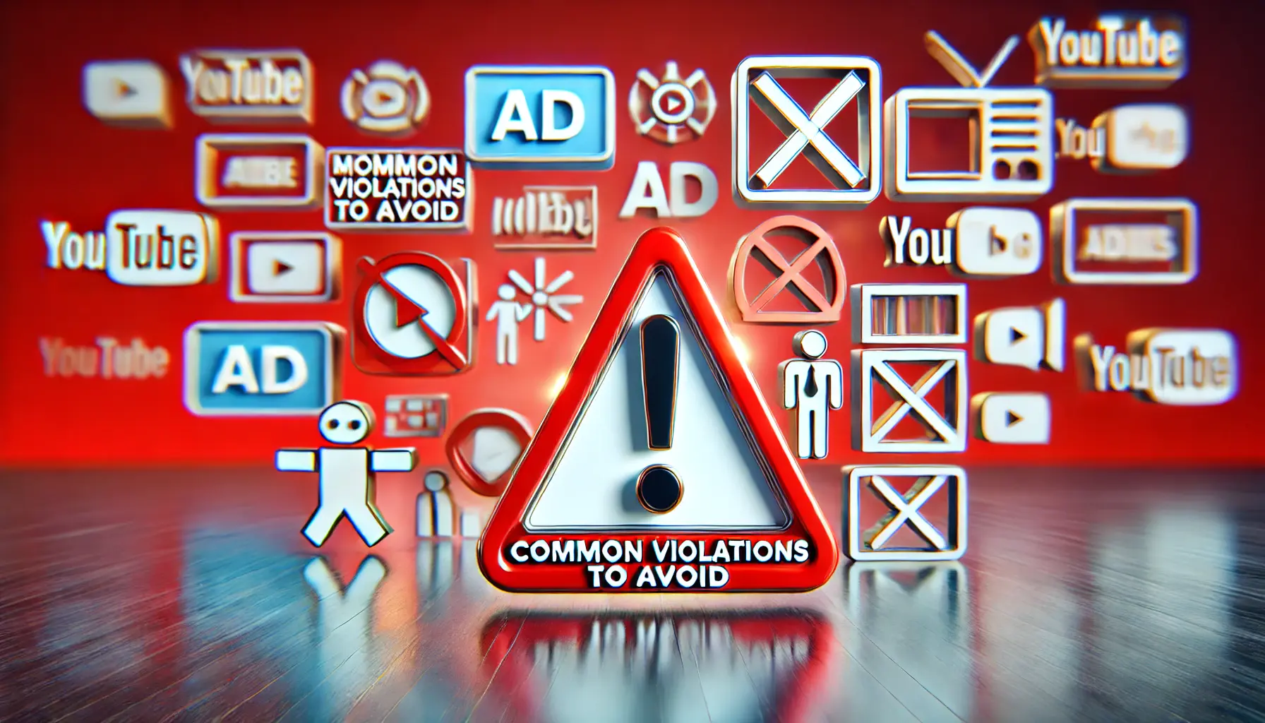 An image illustrating common YouTube ad violations with symbolic crossed-out icons and an alert triangle.