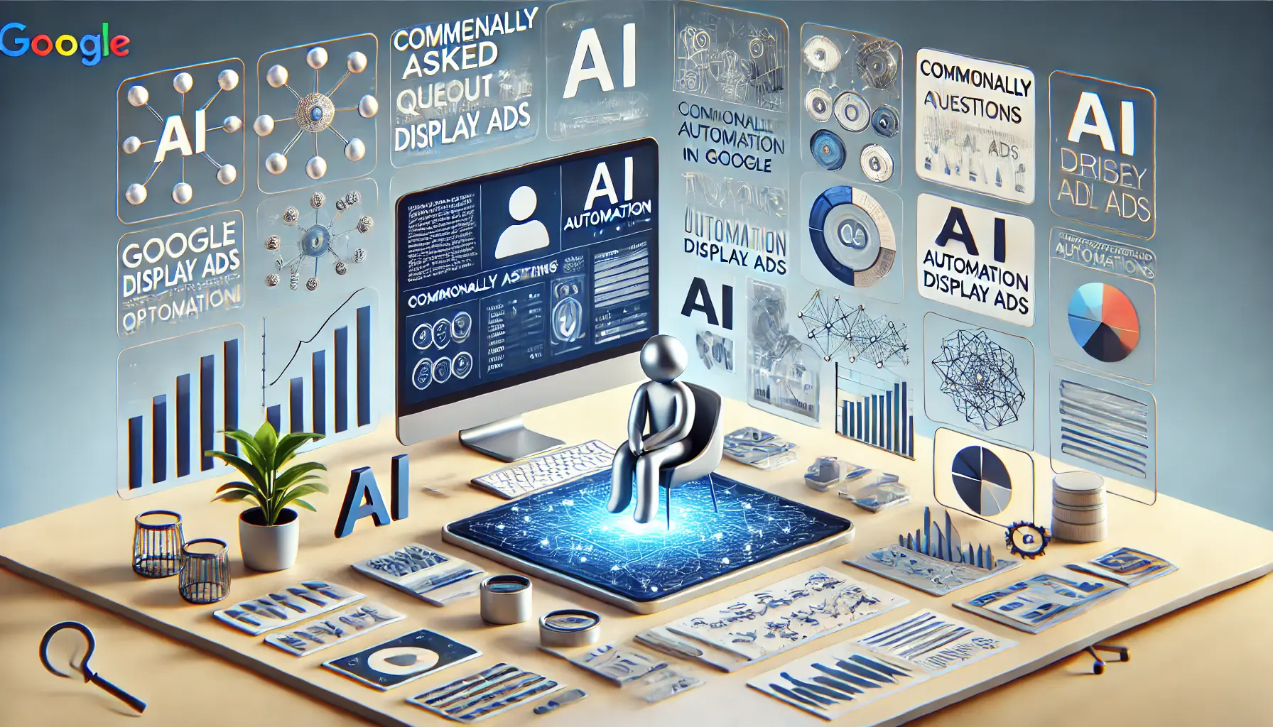 An image illustrating commonly asked questions about AI automation in Google Display Ads, with a digital workspace displaying performance metrics, optimization graphs, and AI elements.