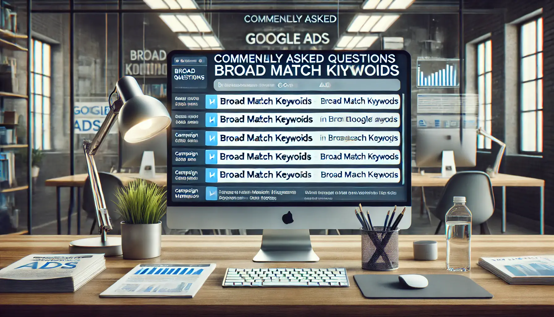 A digital workspace showing a marketer reviewing search queries and campaign data related to frequently asked questions about broad match keywords.