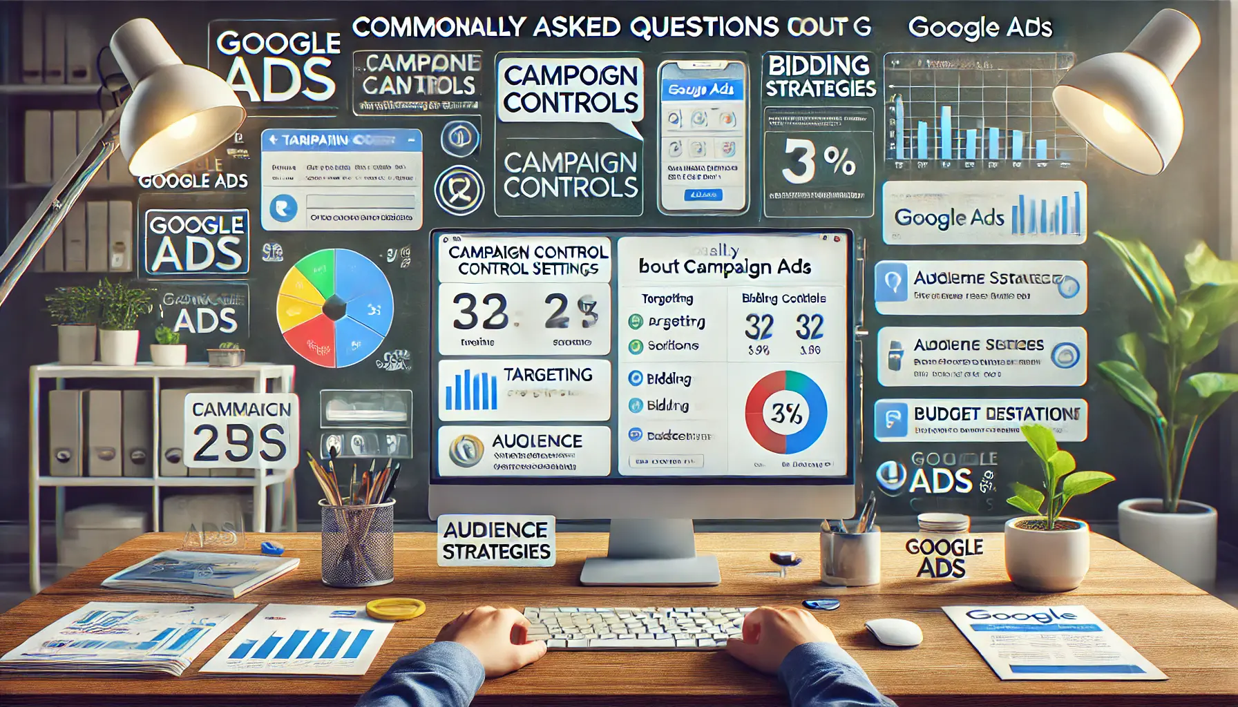 A digital marketing workspace displaying a Google Ads dashboard with campaign control settings and performance metrics.