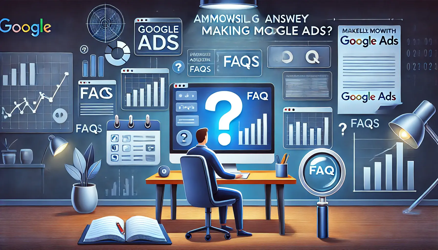 A digital marketer reviewing performance data, with question mark symbols and graphs representing commonly asked questions about Google Ads.