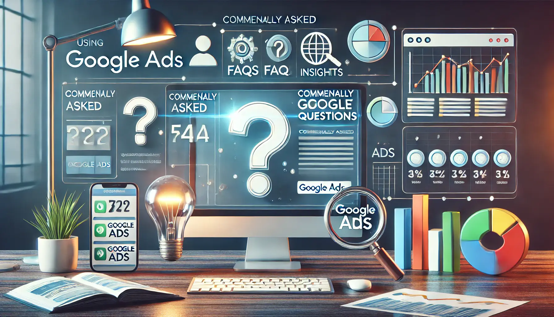 A digital interface with question marks and a Google Ads dashboard, surrounded by icons like a lightbulb, magnifying glass, and graphs.