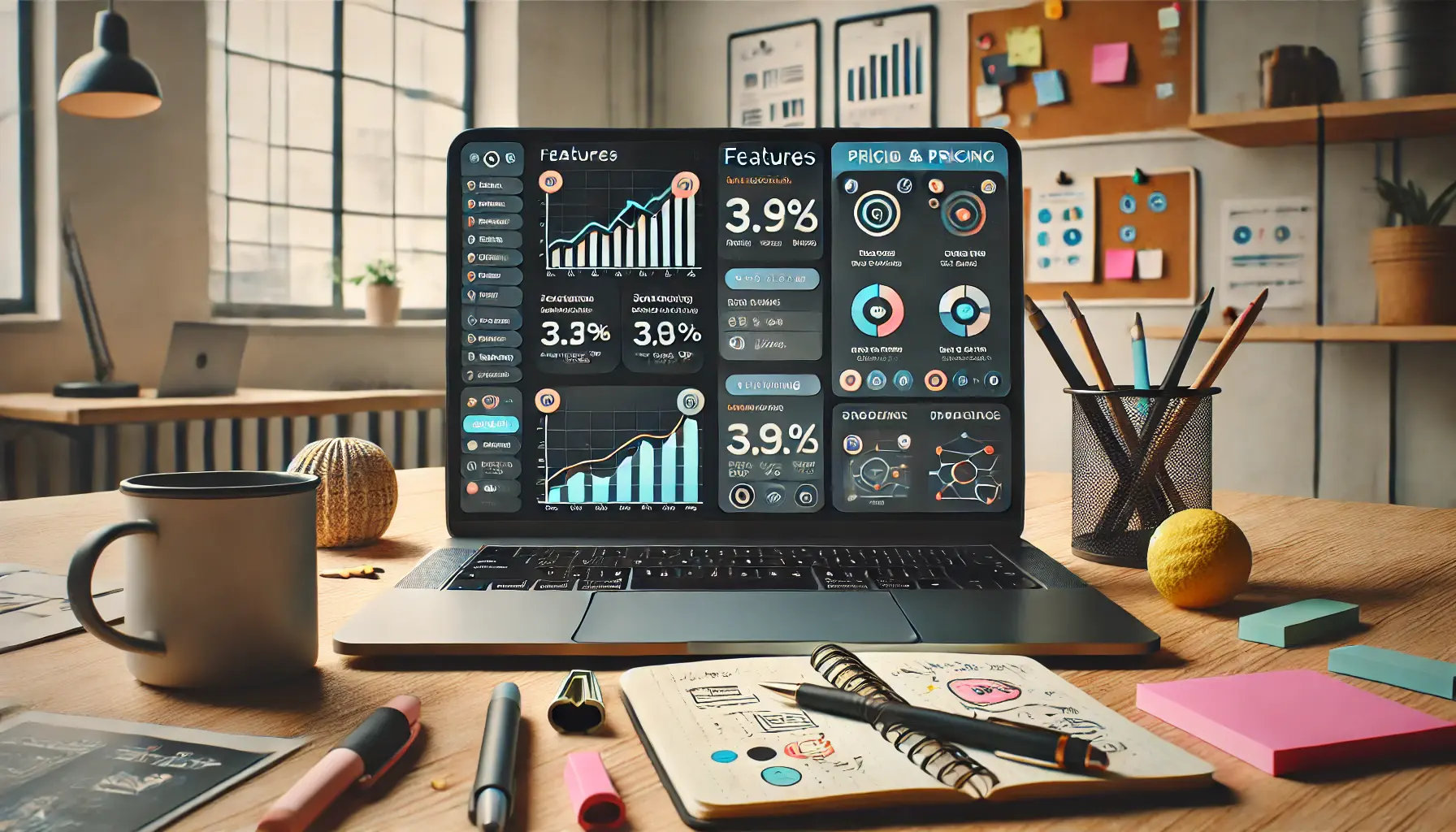 Modern workspace with a laptop displaying a comparison of features and pricing plans, surrounded by creative tools.