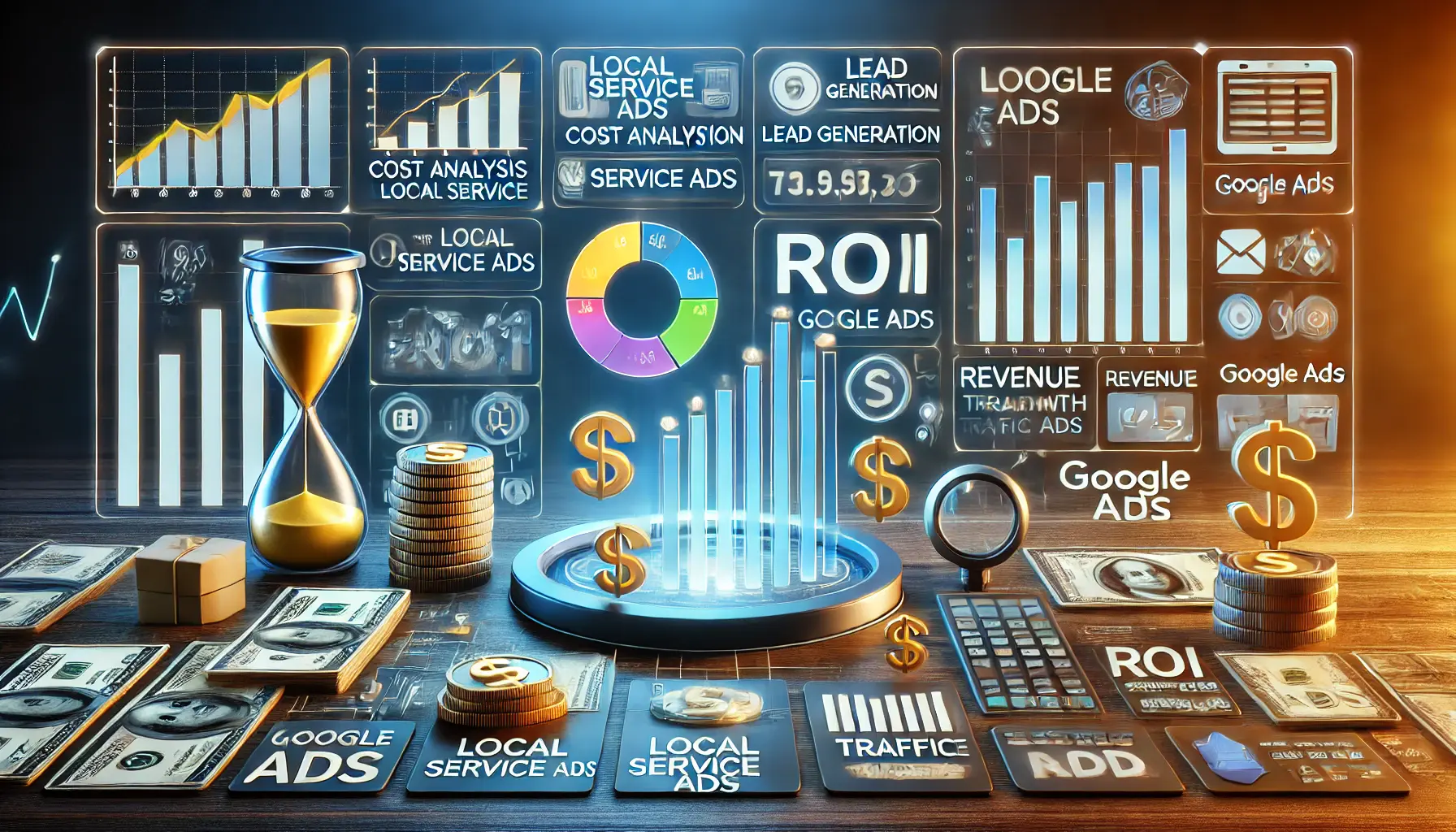 An illustration comparing cost metrics and ROI for Local Service Ads and Google Ads with graphs and analytics.