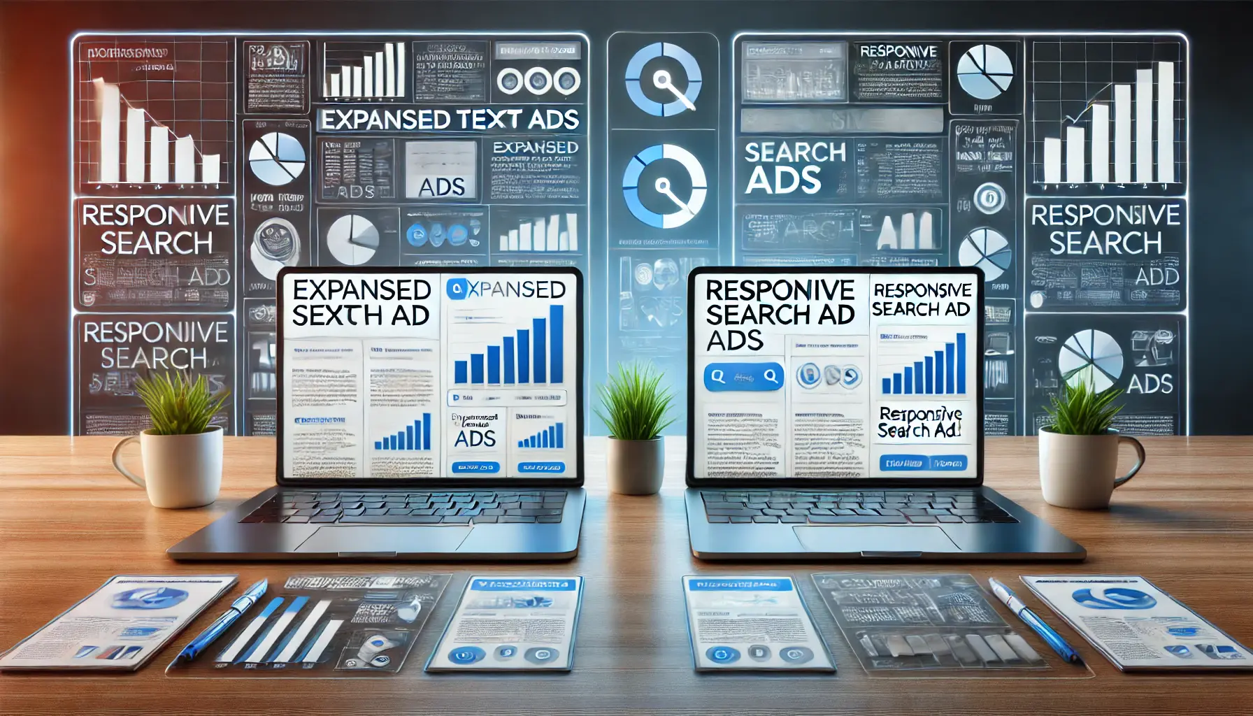 A comparison of Expanded Text Ads and Responsive Search Ads displayed on two laptops in a digital marketing workspace.