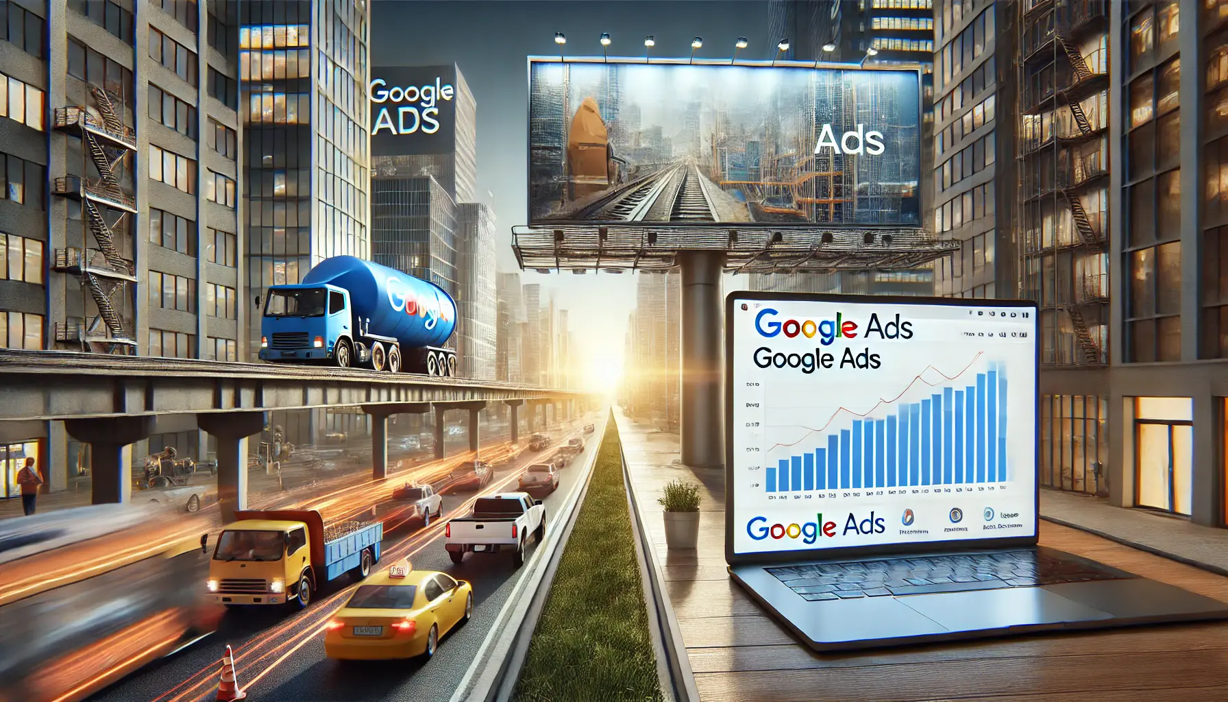 Side-by-side comparison of a city billboard for construction services and a laptop displaying Google Ads metrics, representing the evolution from traditional to digital advertising.