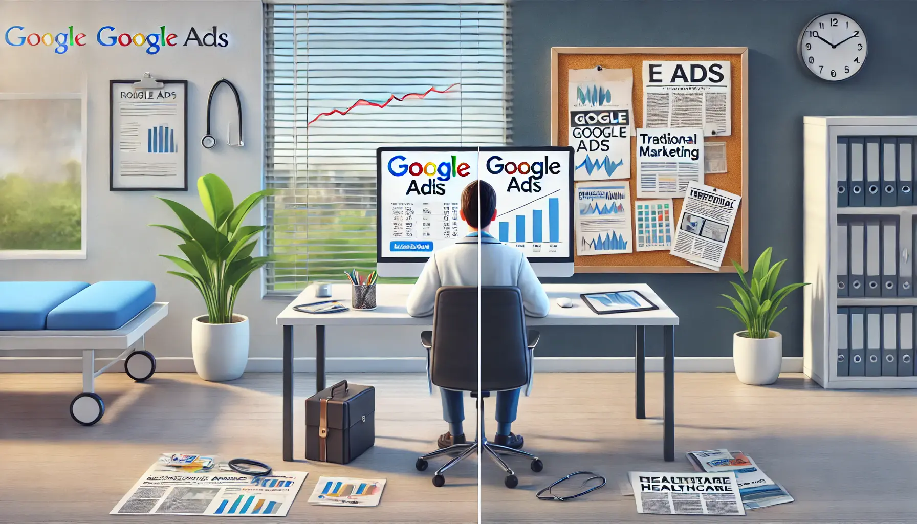 A comparison of Google Ads with traditional marketing methods, showing a modern doctor's office analyzing digital metrics versus printed flyers and newspaper ads.