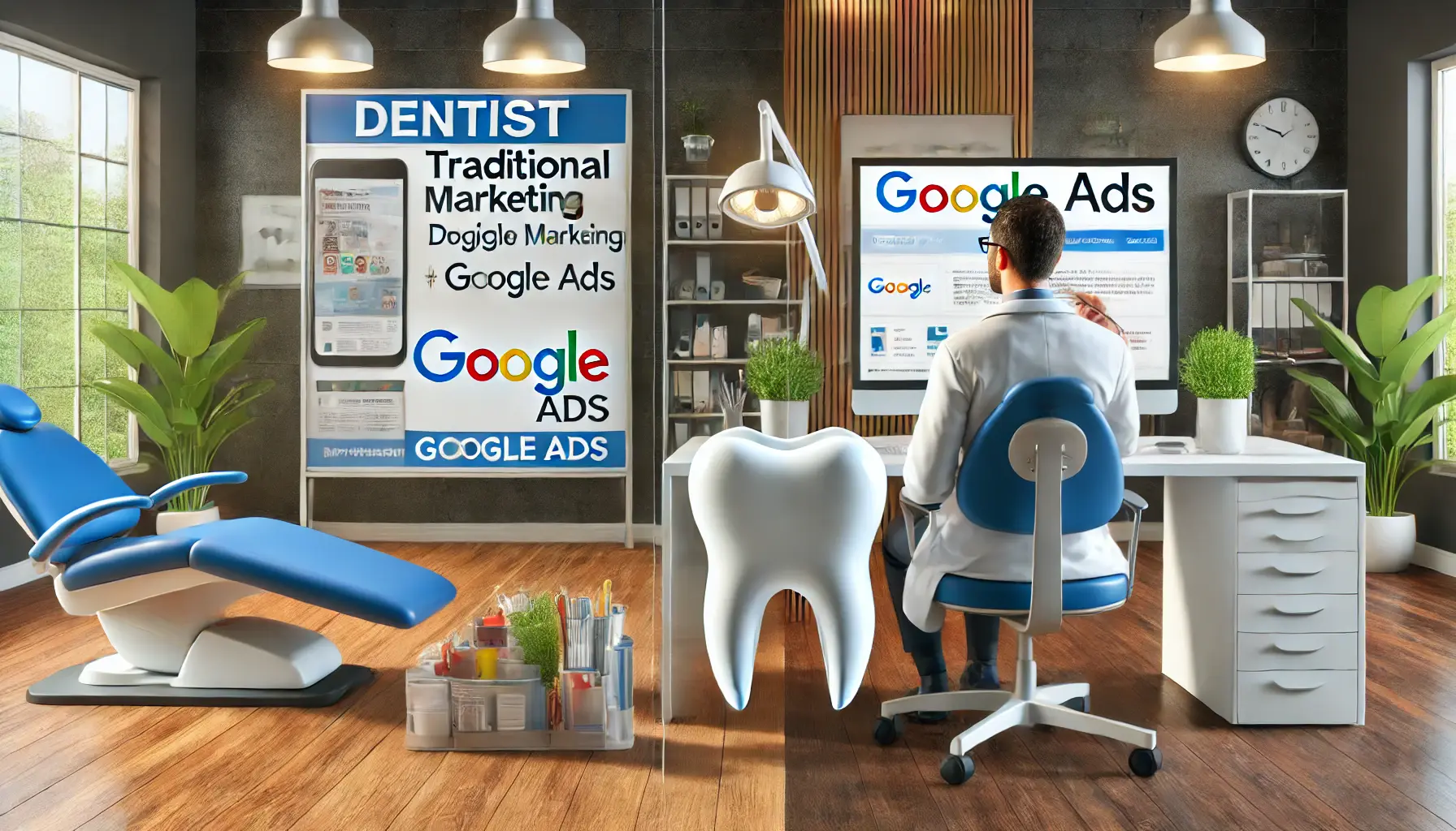 A dentist's office comparing traditional marketing methods like flyers with digital marketing through Google Ads on a computer screen.