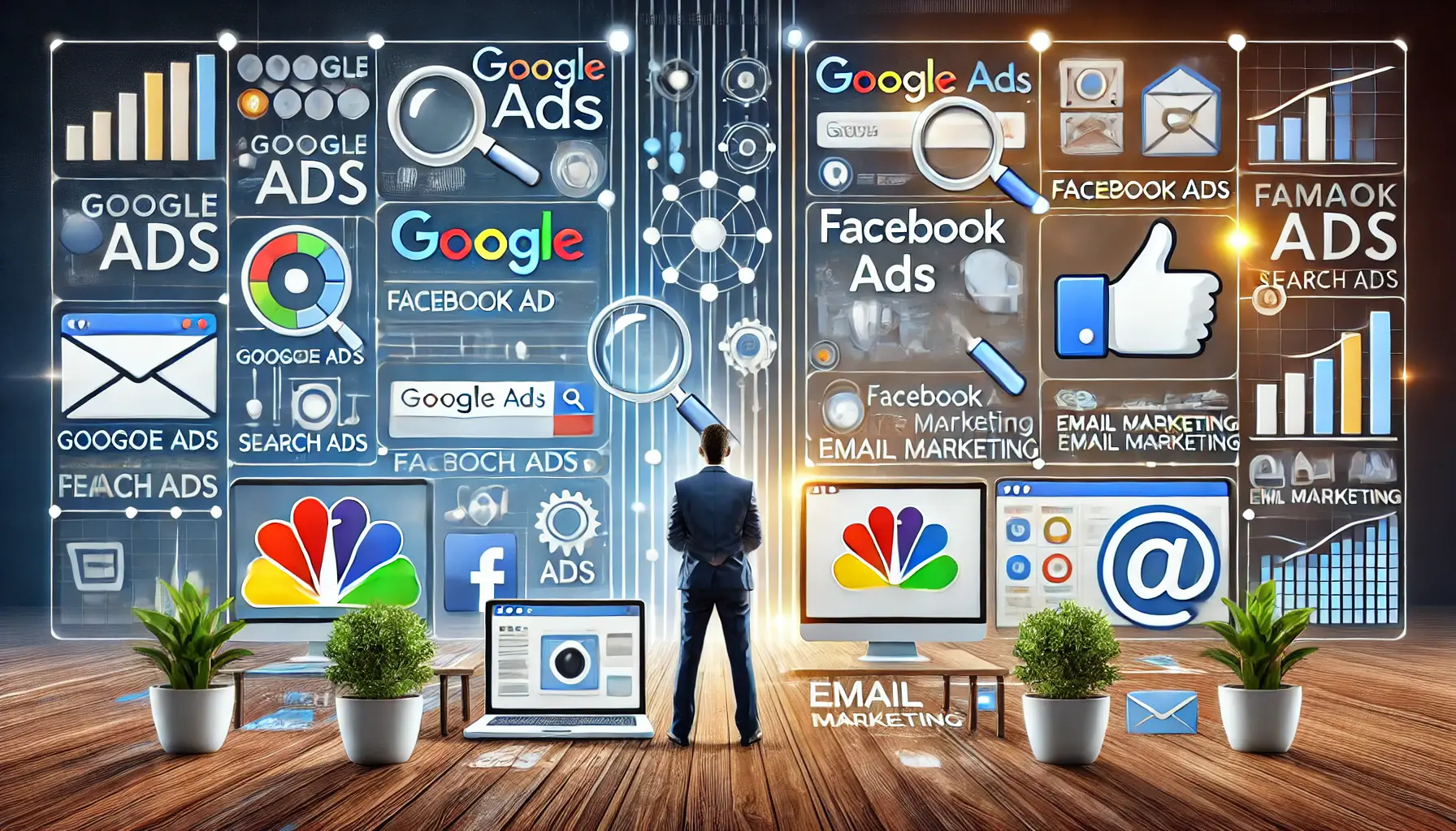 A visual comparison of Google Ads with platforms like Facebook Ads and email marketing, highlighting their unique features and use cases.