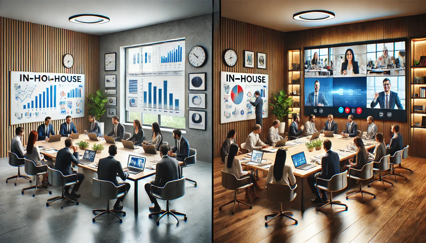 A split view of an in-house team working in an office with charts and an outsourced team communicating via video conference, illustrating the comparison between management service approaches.