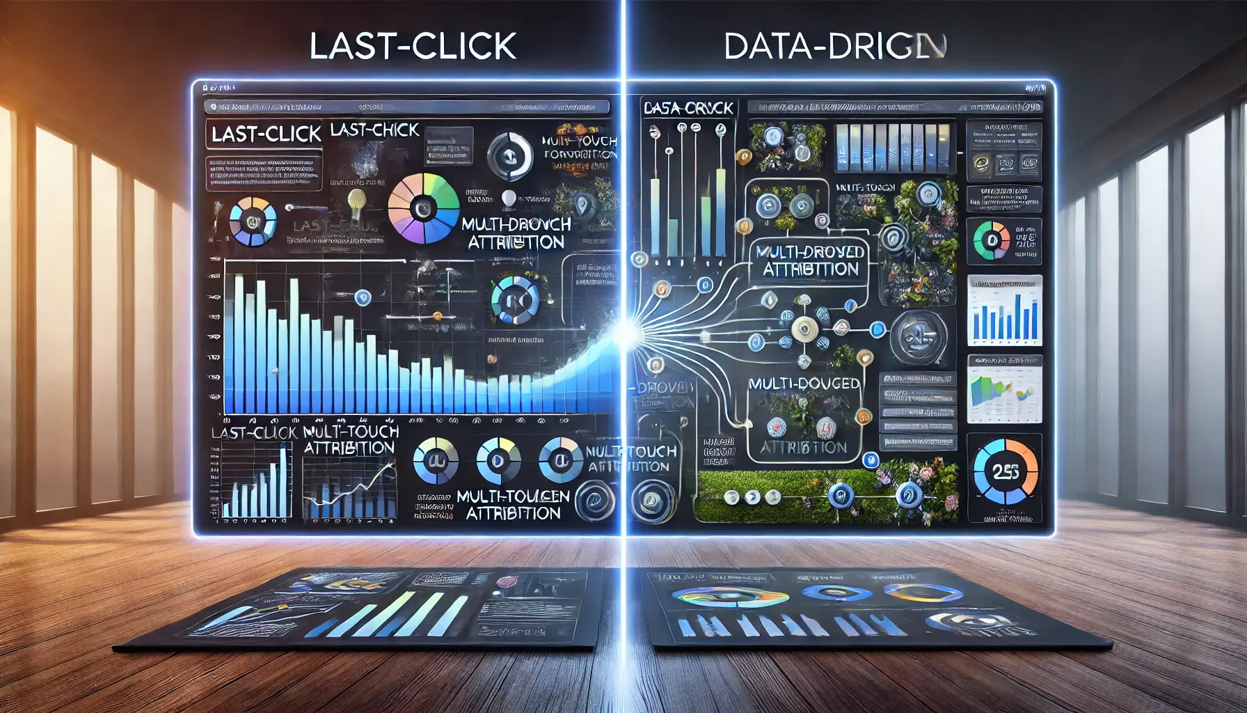 A split-screen visual comparing Last-Click and Data-Driven Attribution models, highlighting simplicity versus complexity.