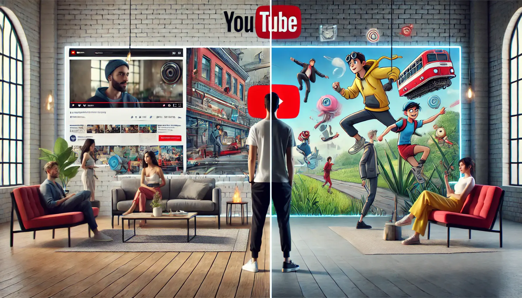 A visual comparison between live-action and animated content for YouTube ads, with one side showing real people and the other side featuring animated characters.