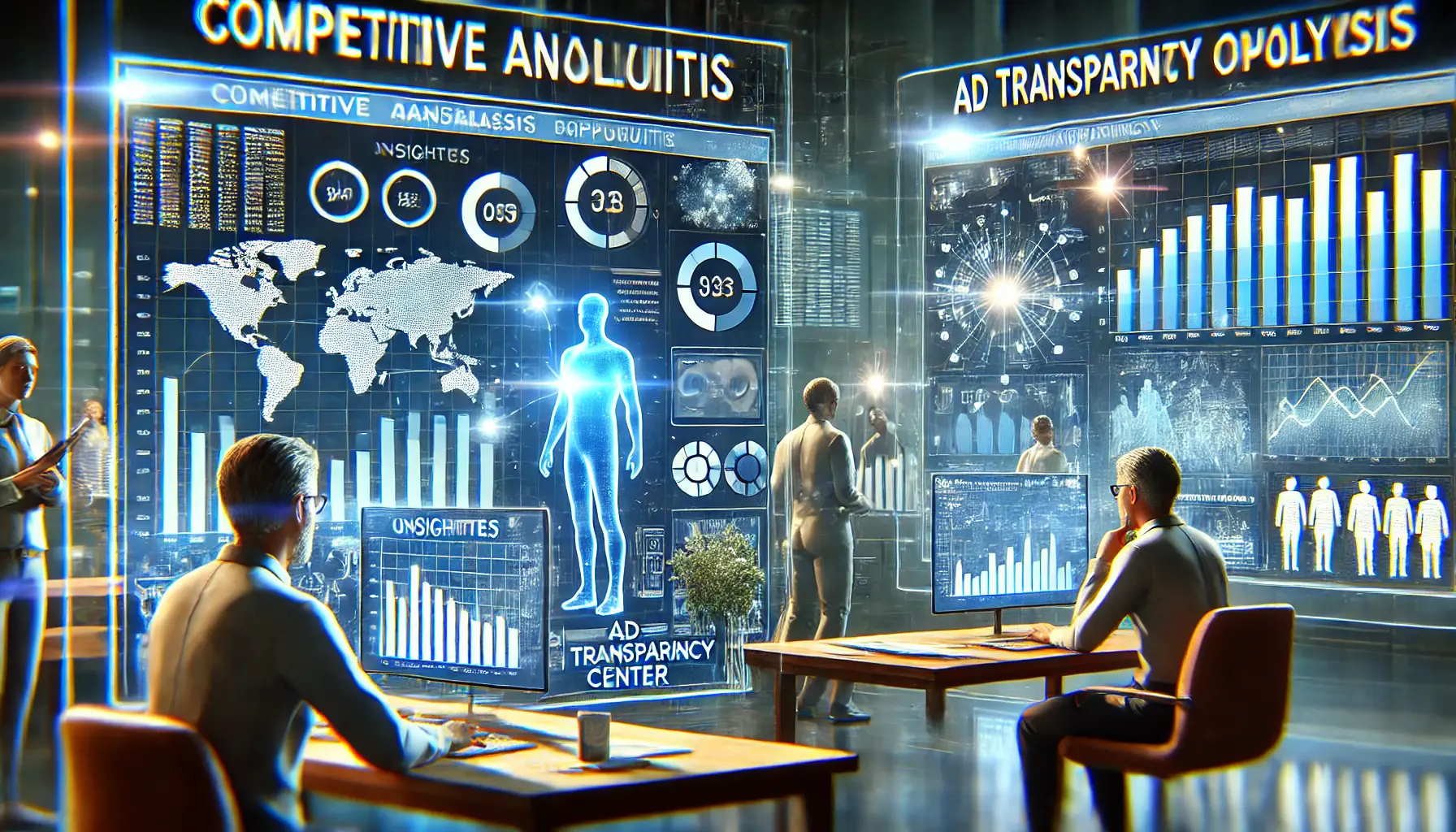 A conceptual visualization of competitive analysis opportunities for advertisers, with two advertisers analyzing data and trends in a digital interface.