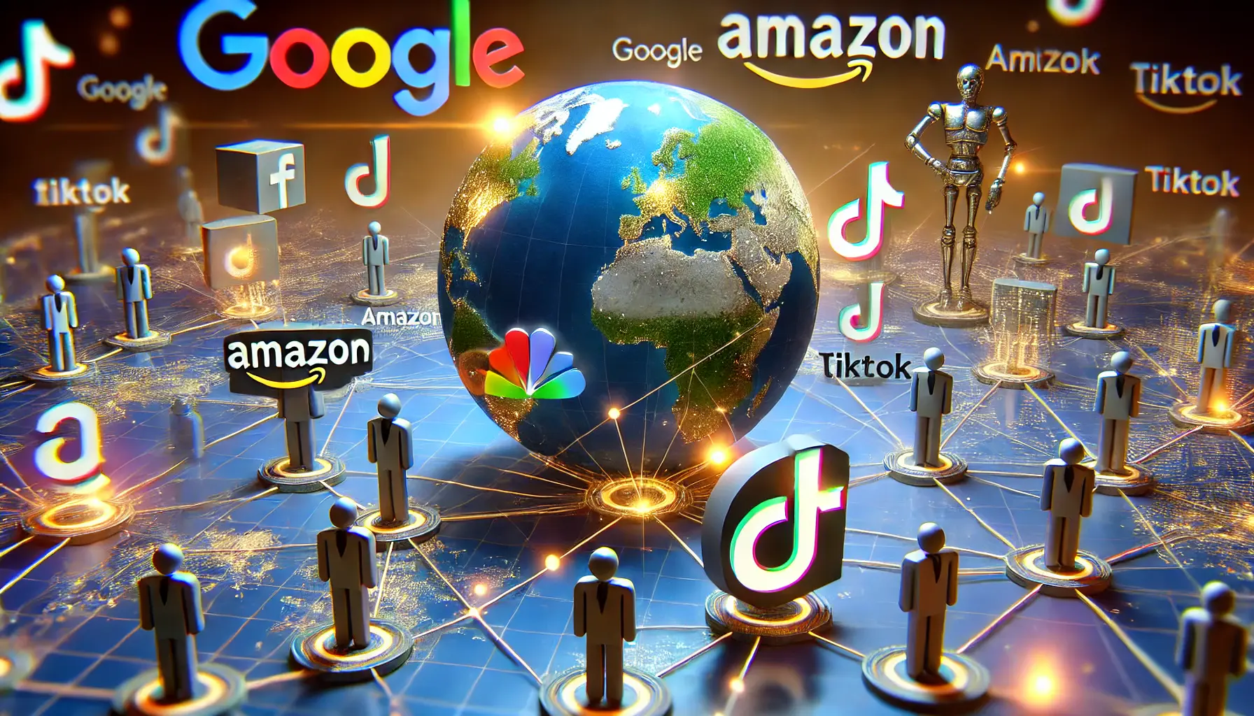 A professional representation of the competitive landscape in the digital advertising market, featuring Google, Amazon, and TikTok as interconnected platforms.