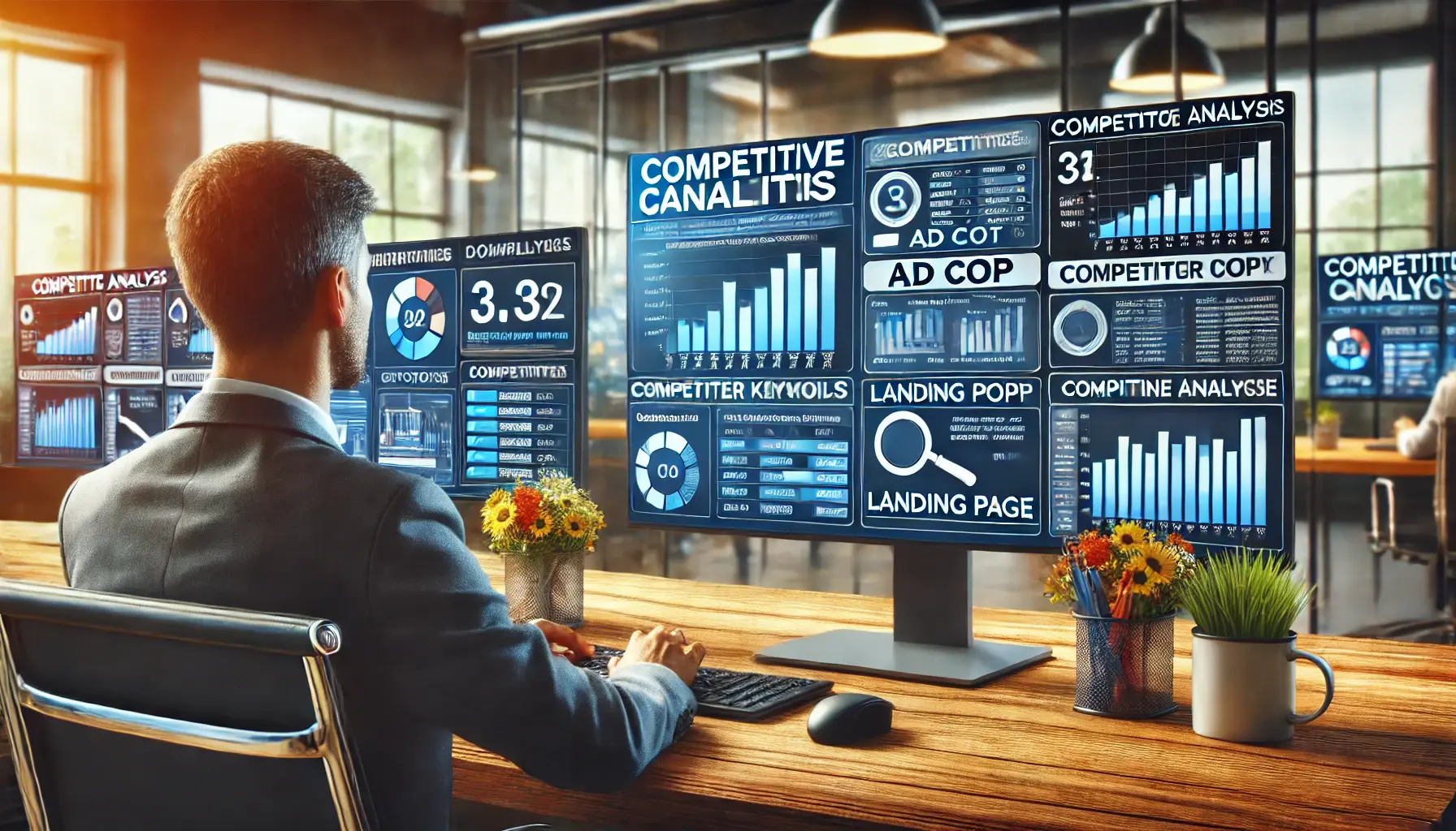 A digital marketing professional conducting competitor analysis, with multiple screens displaying competitor ads, keywords, and performance data in a modern office setting.