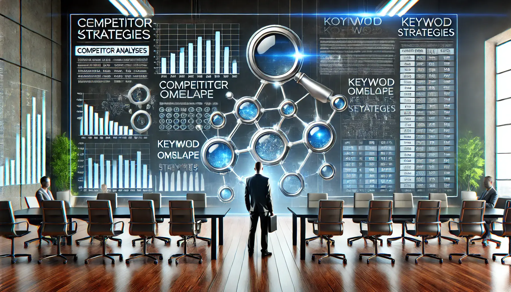 Illustration of competitor analysis with comparison dashboards, keyword overlap visuals, and performance metrics in a futuristic workspace.